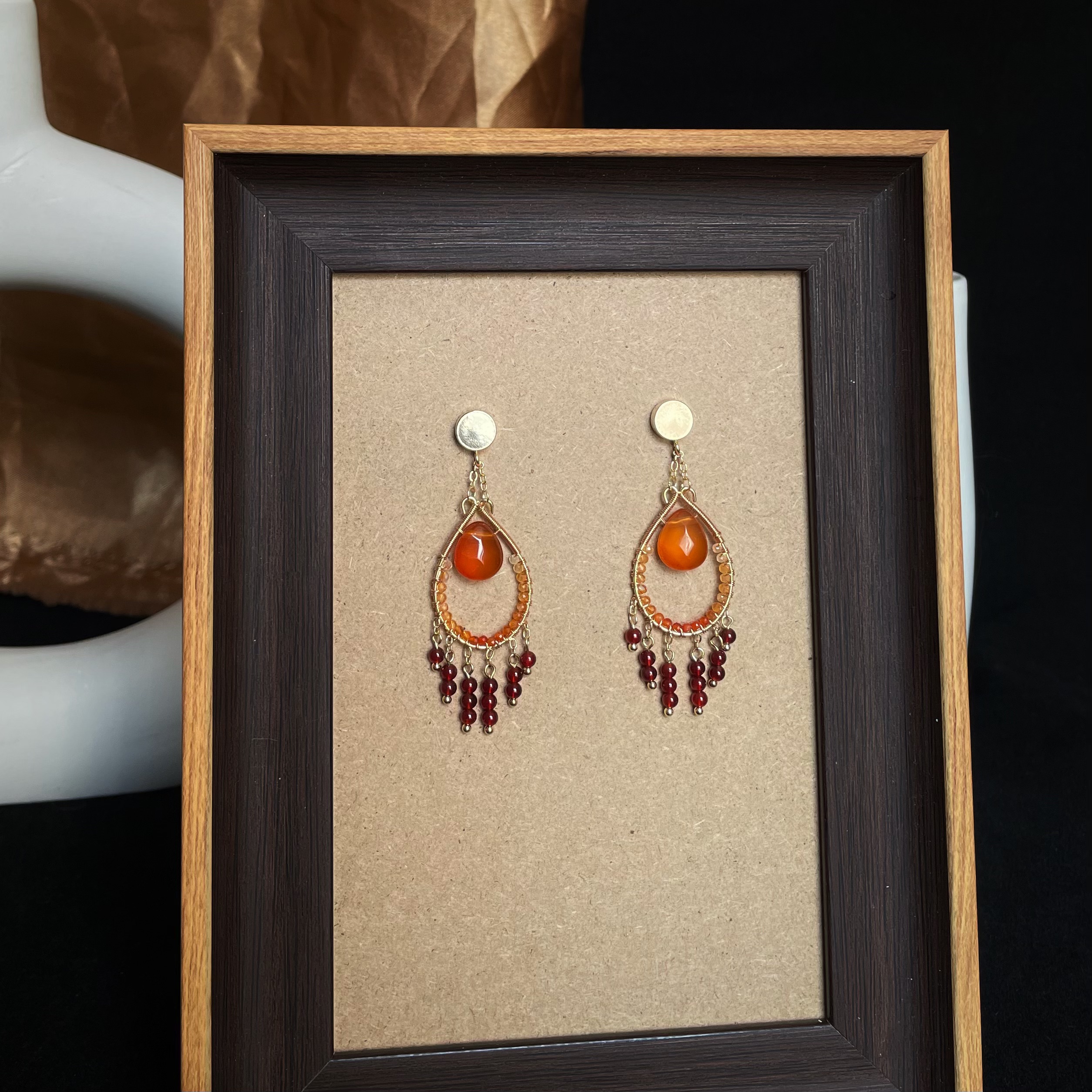 Handmade Carnelian Wirewrapped Teardrop Earrings with Carnelian Teardrop Center and Tassel 