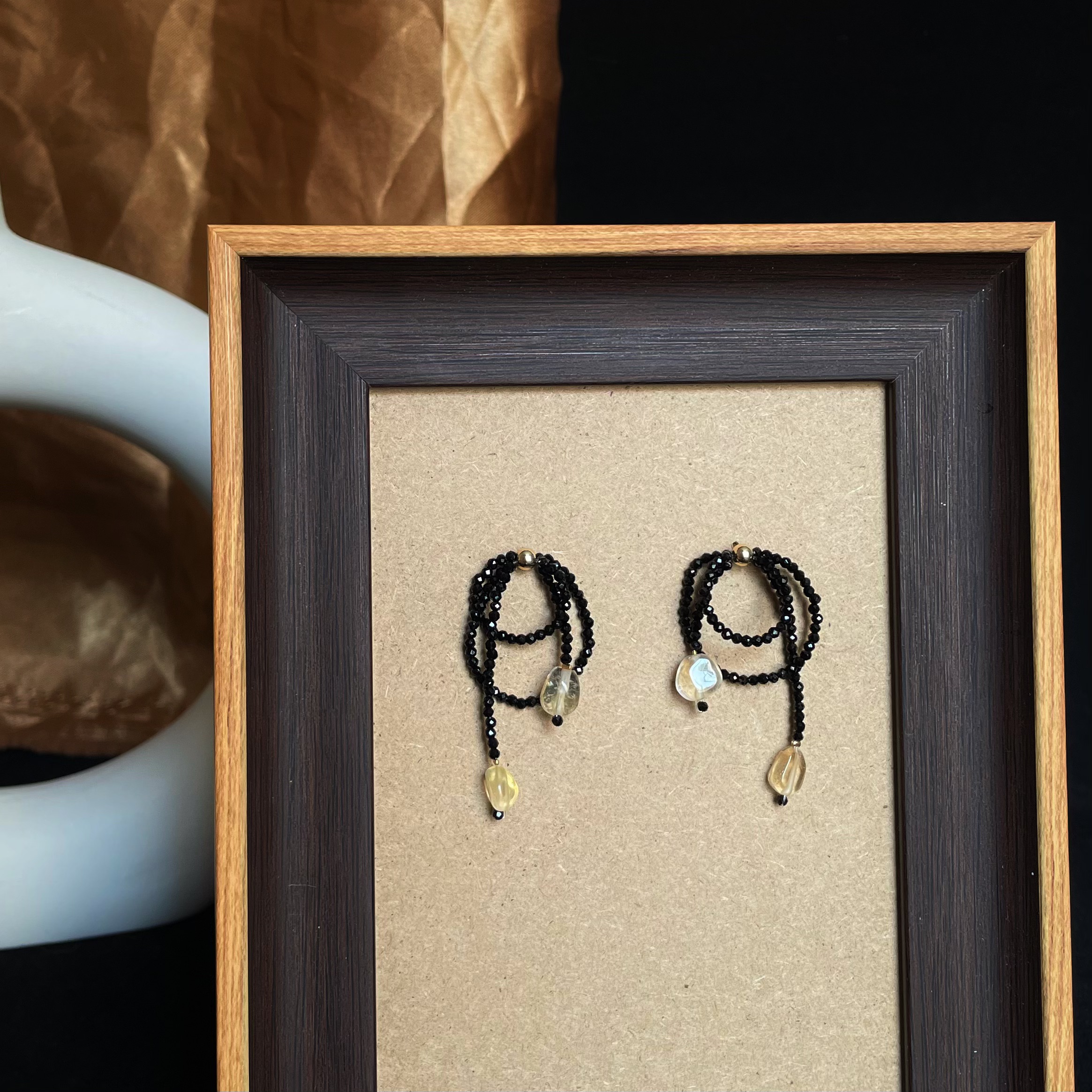 Handmade Black Spinel Layered Hoop Earrings with Citrine Drops