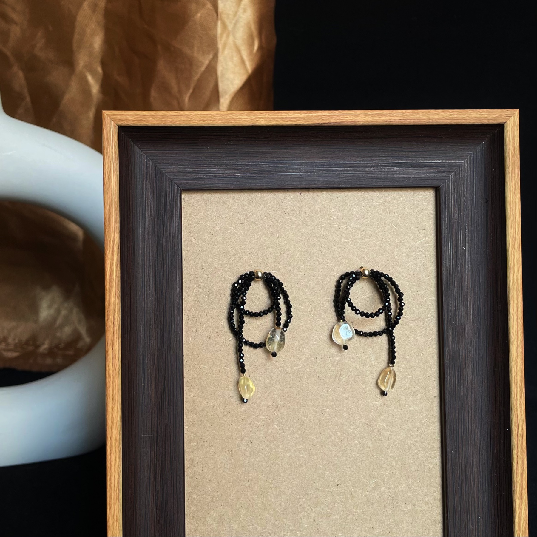 Handmade Black Spinel Layered Hoop Earrings with Citrine Drops