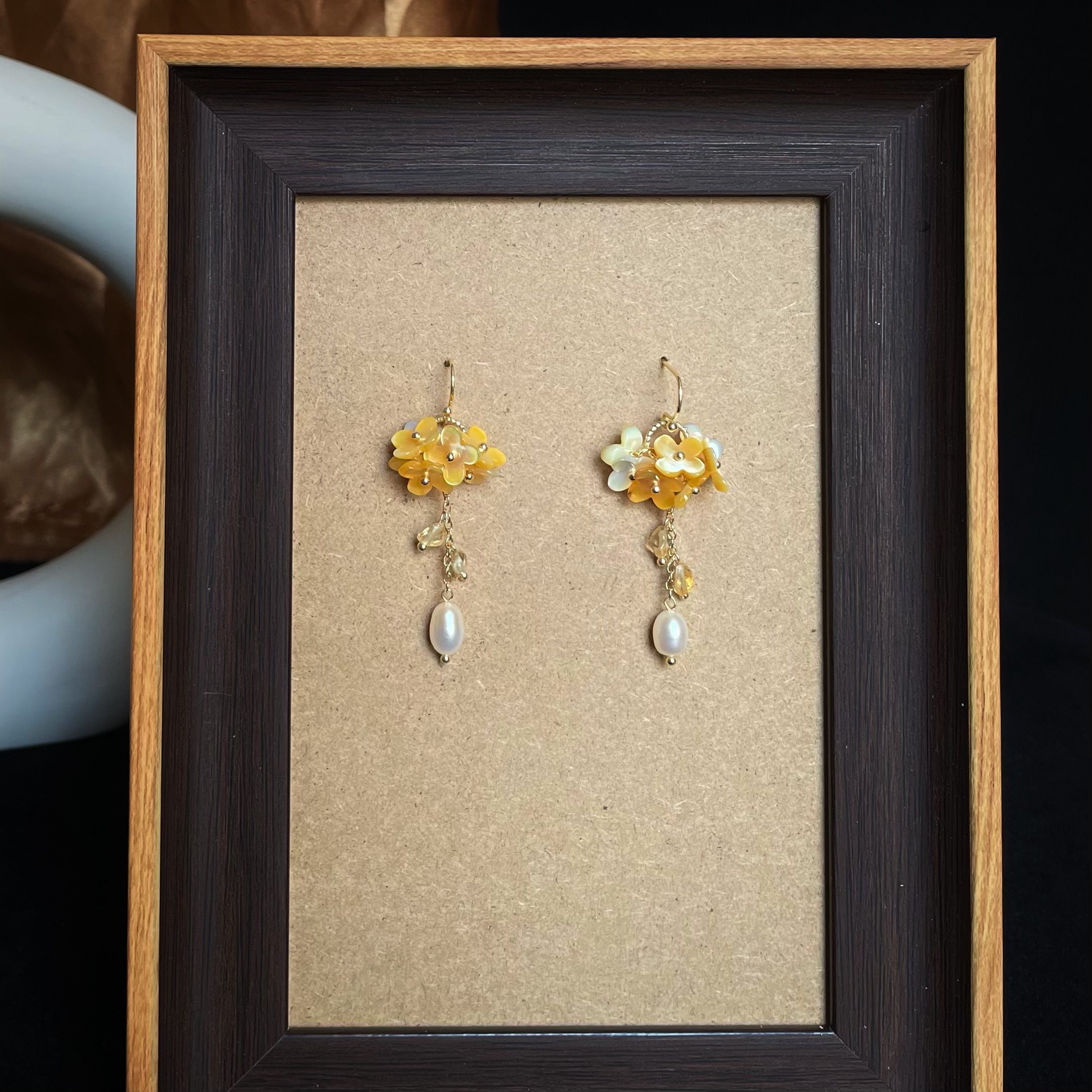 Handmade Osmania Blossom Yellow Shell Flower with Citrine and Pearl Drops