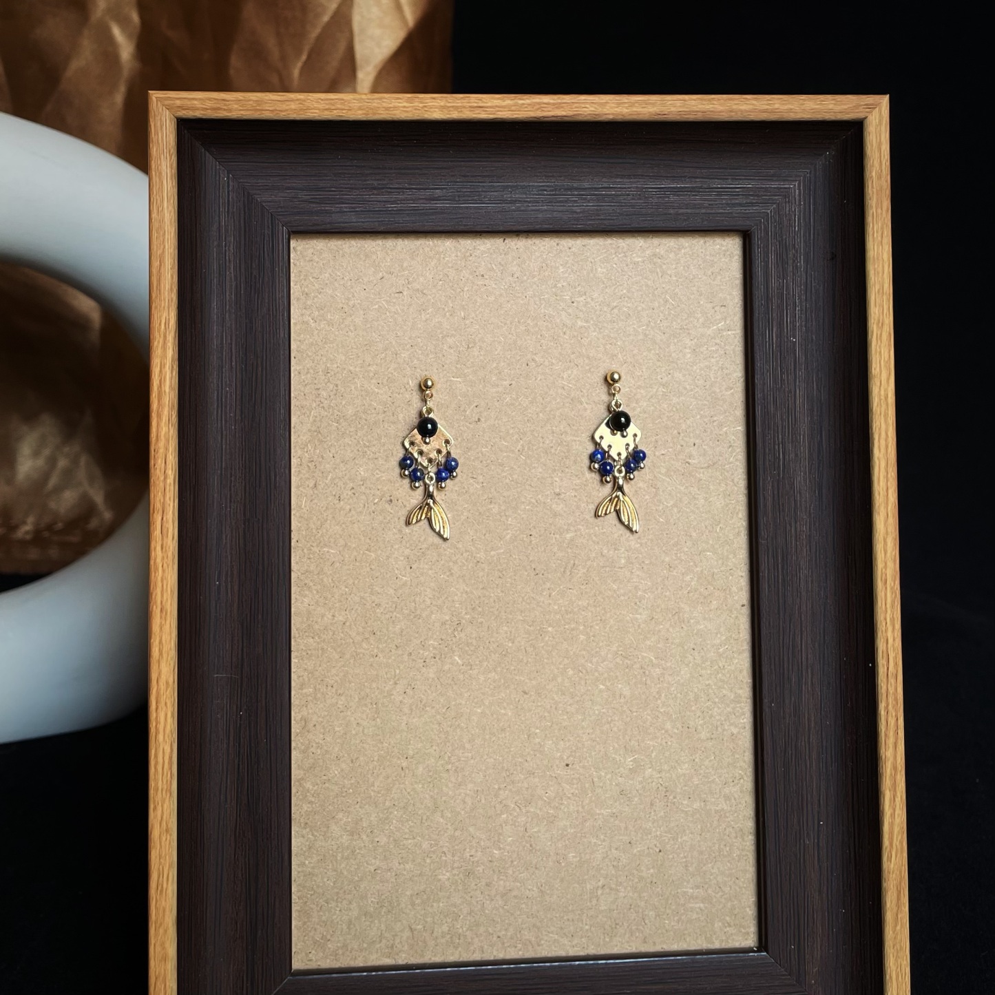 Handmade Lapis Lazuli Dangle with Black Onyx Little Fish Earrings 