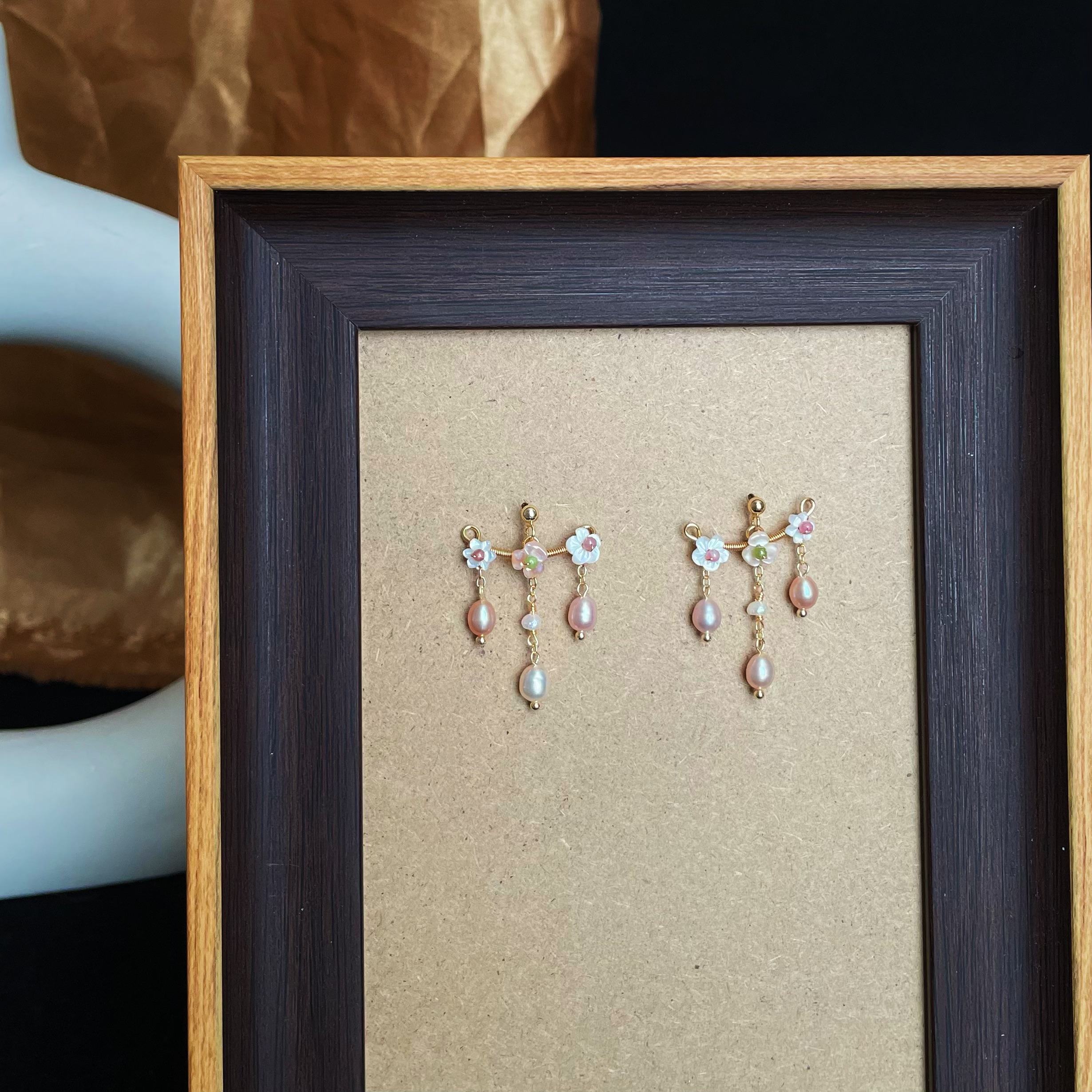 Handmade Ear Cuff Floral Earrings Mother-of-Pearl Blossoms with Tourmaline Centers and Lilac Pearl Tassels