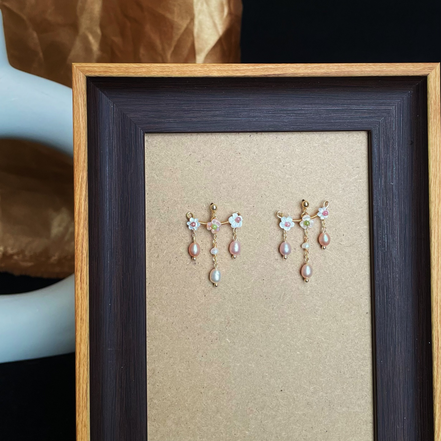 Handmade Ear Cuff Floral Earrings Mother-of-Pearl Blossoms with Tourmaline Centers and Lilac Pearl Tassels