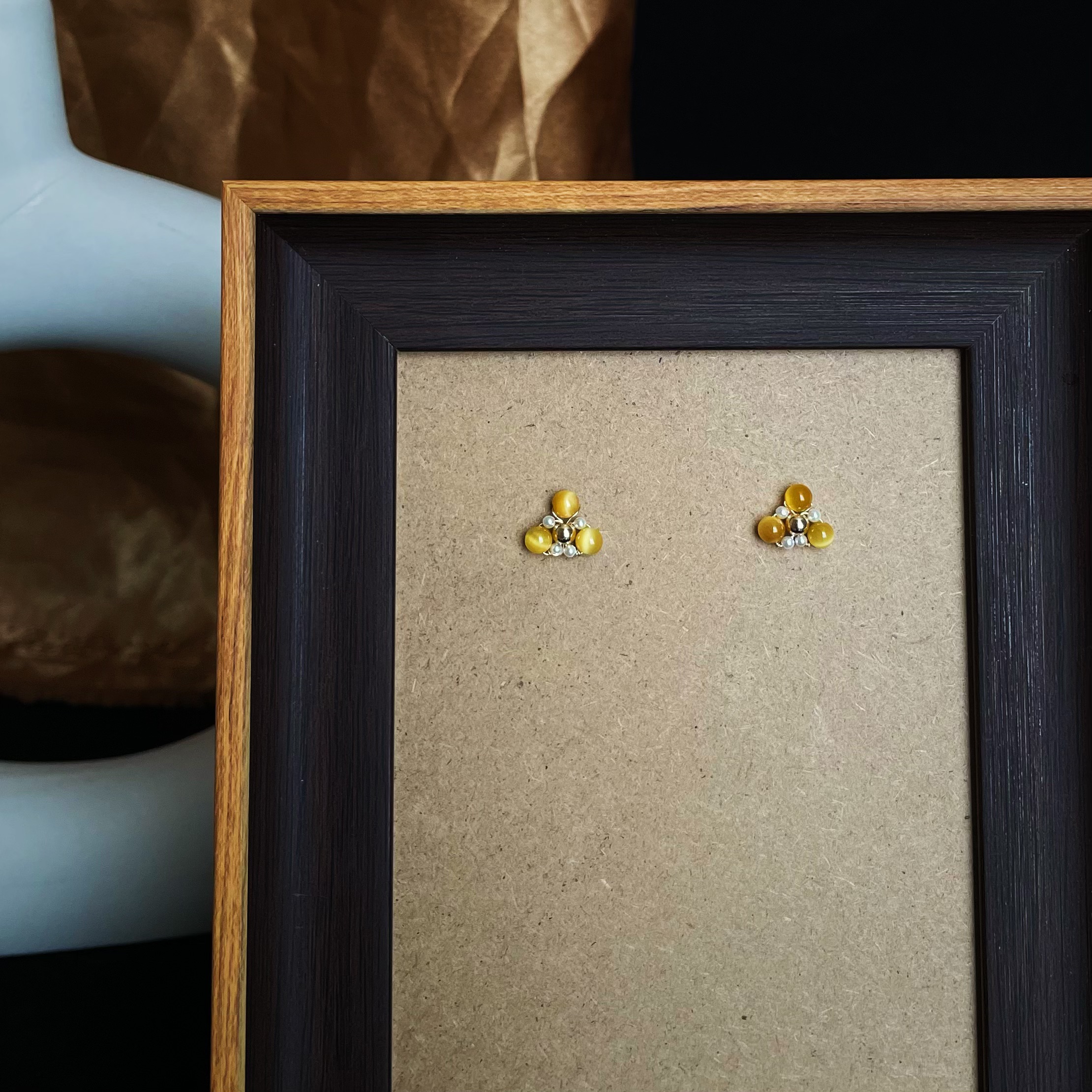 Handmade Minimalist Golden Tiger’s Eye and Pearl Triangle Stud Earrings