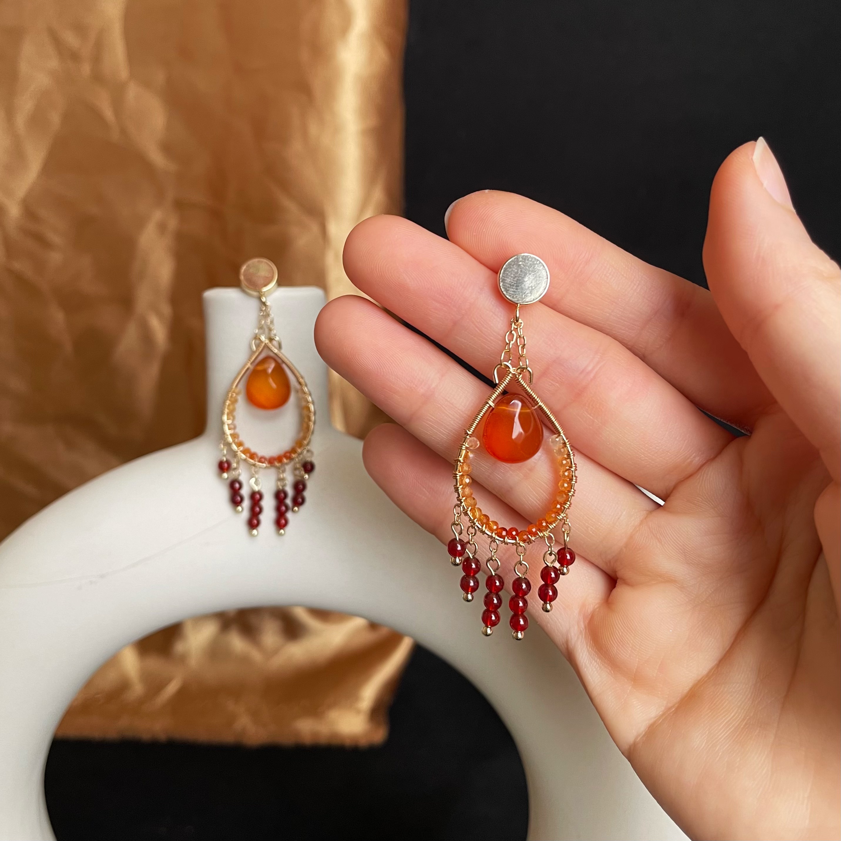 Handmade Carnelian Wirewrapped Teardrop Earrings with Carnelian Teardrop Center and Tassel 