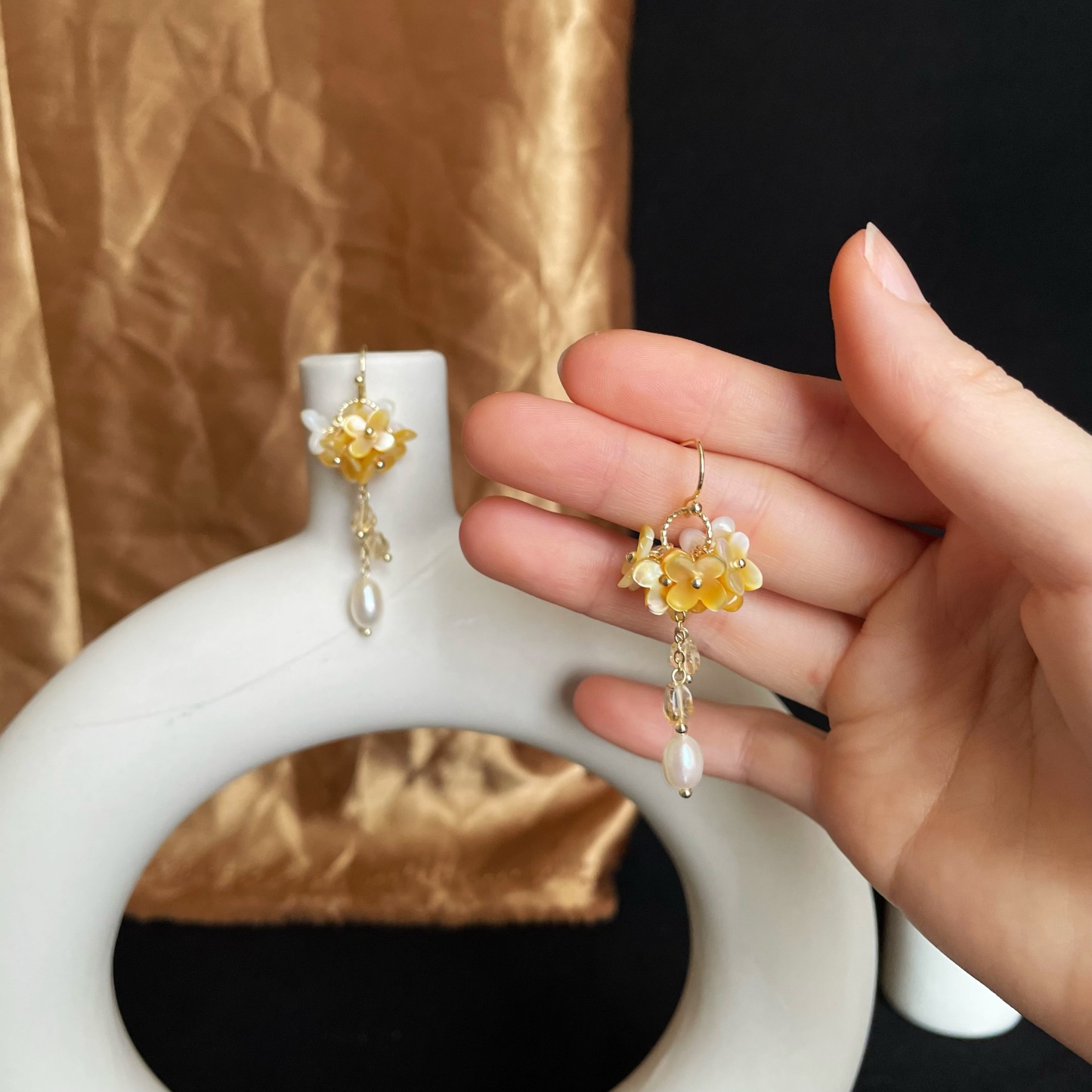 Handmade Osmania Blossom Yellow Shell Flower with Citrine and Pearl Drops