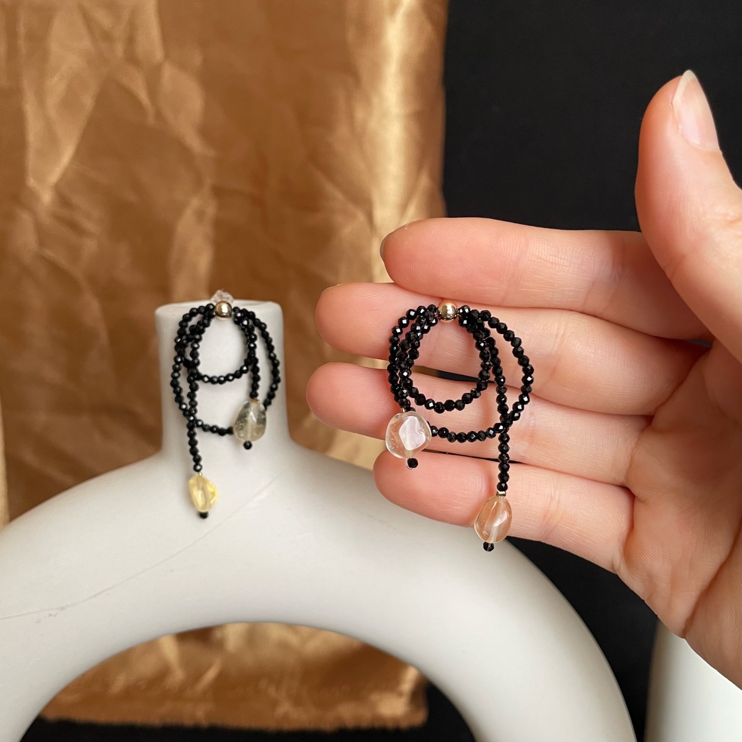 Handmade Black Spinel Layered Hoop Earrings with Citrine Drops