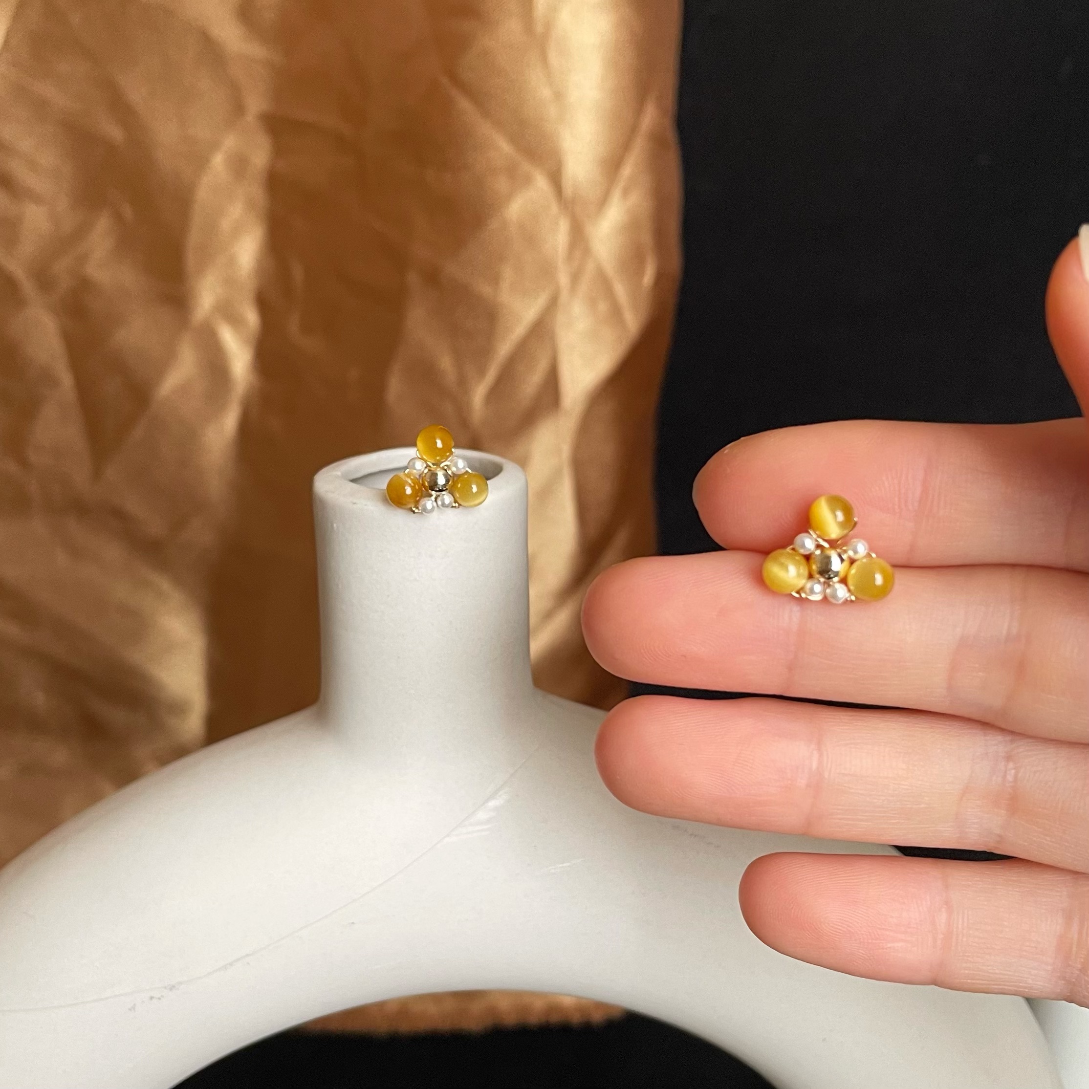 Handmade Minimalist Golden Tiger’s Eye and Pearl Triangle Stud Earrings