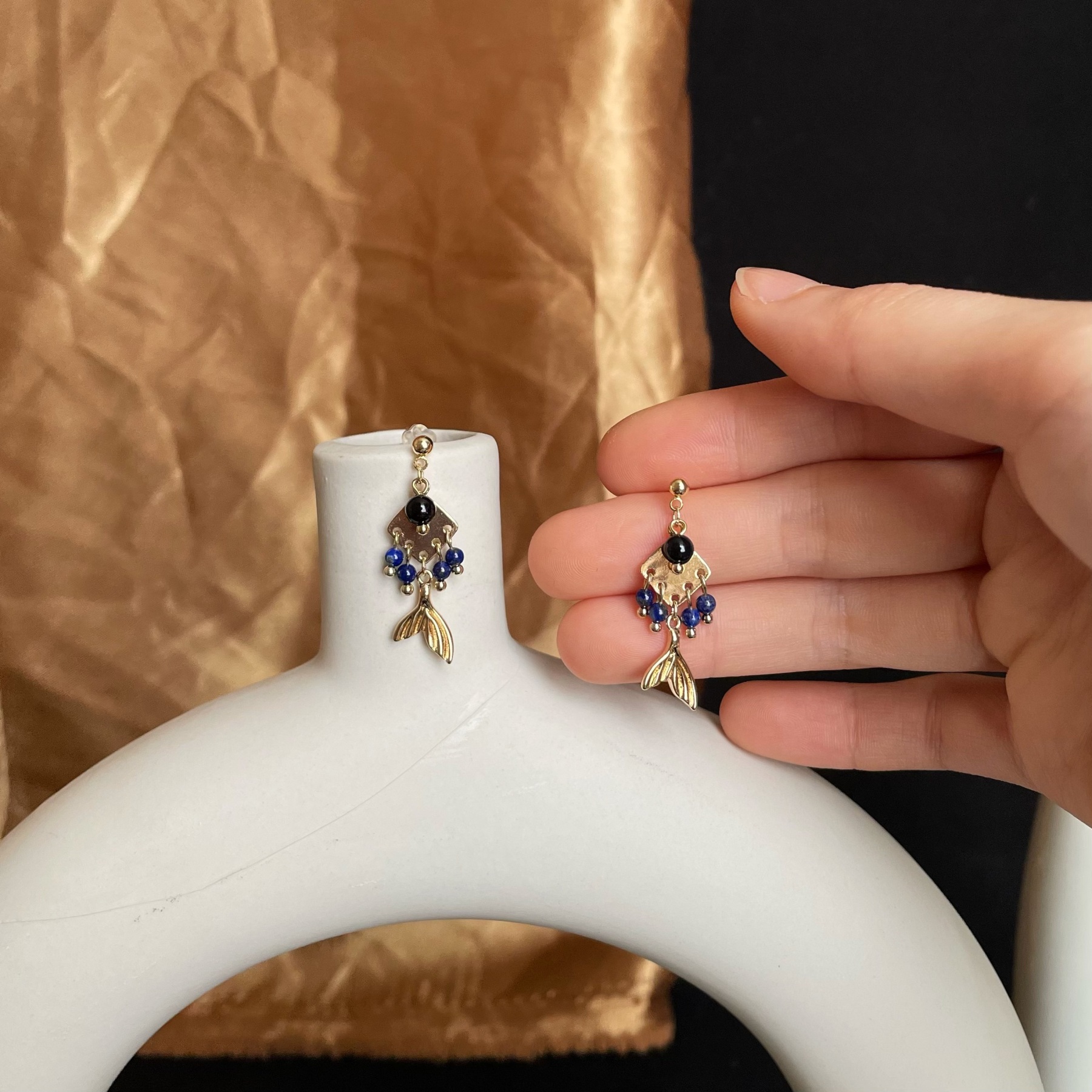 Handmade Lapis Lazuli Dangle with Black Onyx Little Fish Earrings 