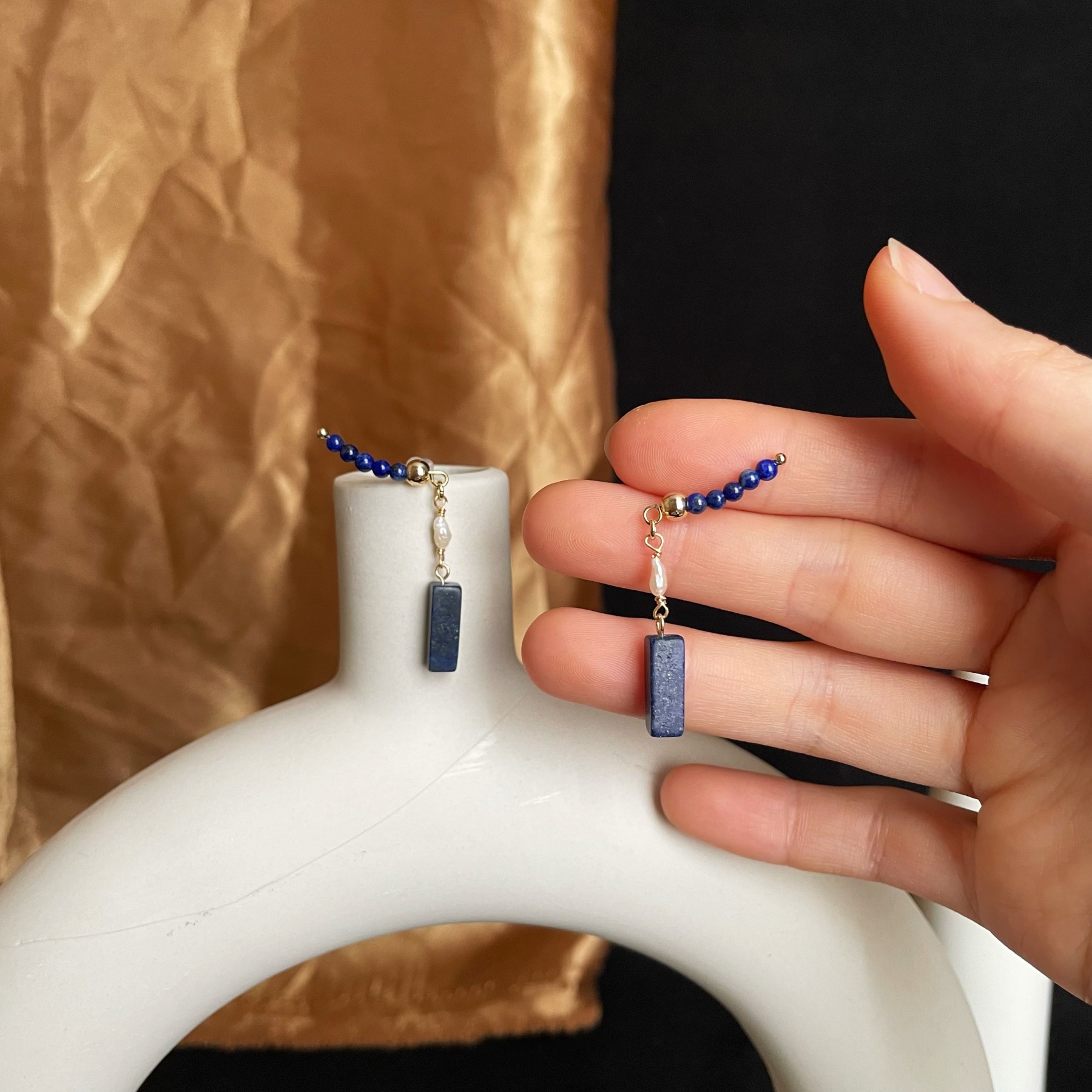 Handmade Ear Climbers Lapis Lazuli and Keshi Pearl Drop Earrings