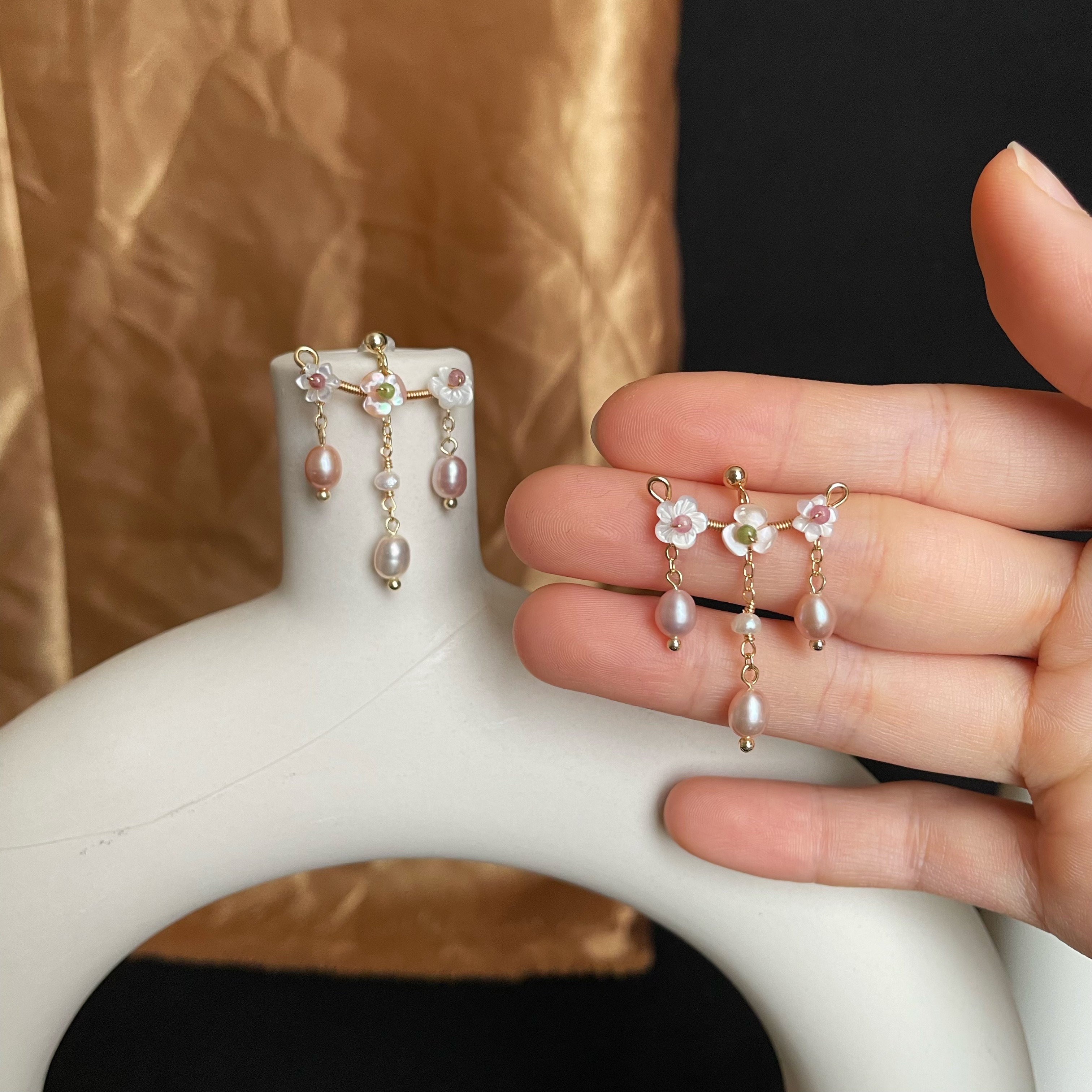 Handmade Ear Cuff Floral Earrings Mother-of-Pearl Blossoms with Tourmaline Centers and Lilac Pearl Tassels