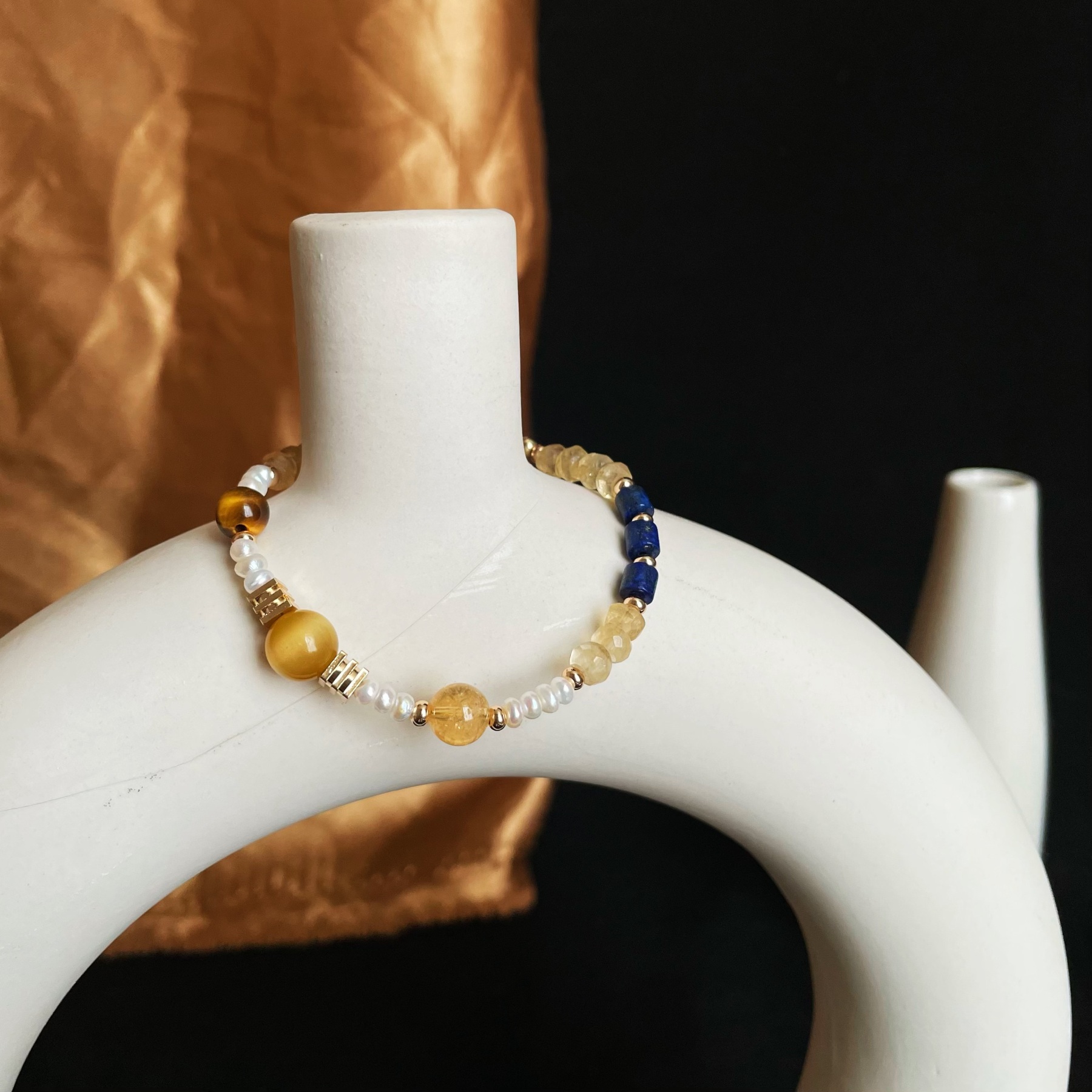 Handmade Planetary Energy Bracelet Made of Citrine, Lapis Lazuli, Tiger’s Eye and Freshwater Pearl