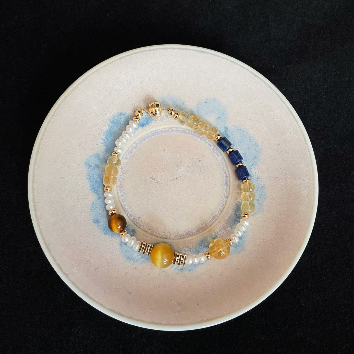 Handmade Planetary Energy Bracelet Made of Citrine, Lapis Lazuli, Tiger’s Eye and Freshwater Pearl