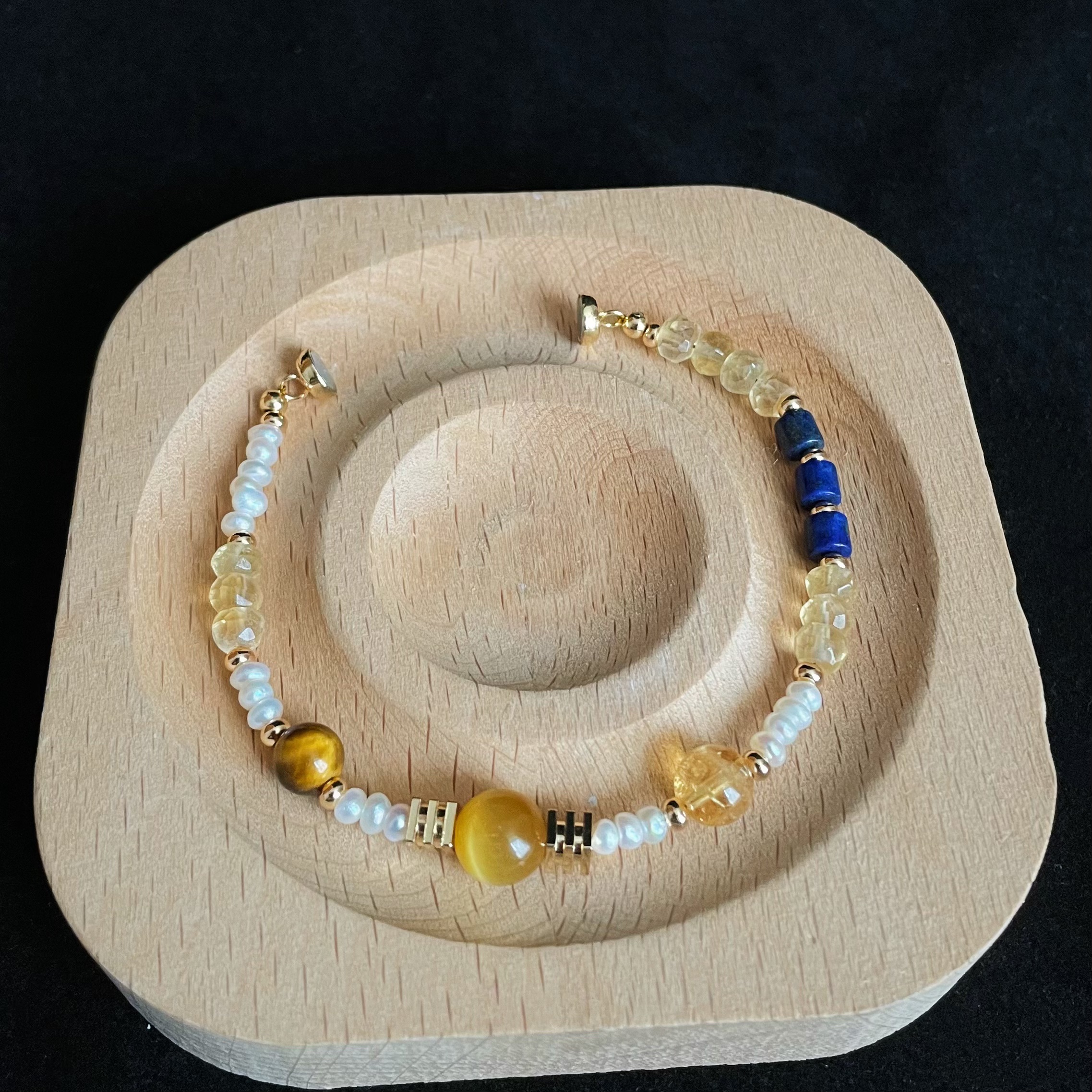 Handmade Planetary Energy Bracelet Made of Citrine, Lapis Lazuli, Tiger’s Eye and Freshwater Pearl