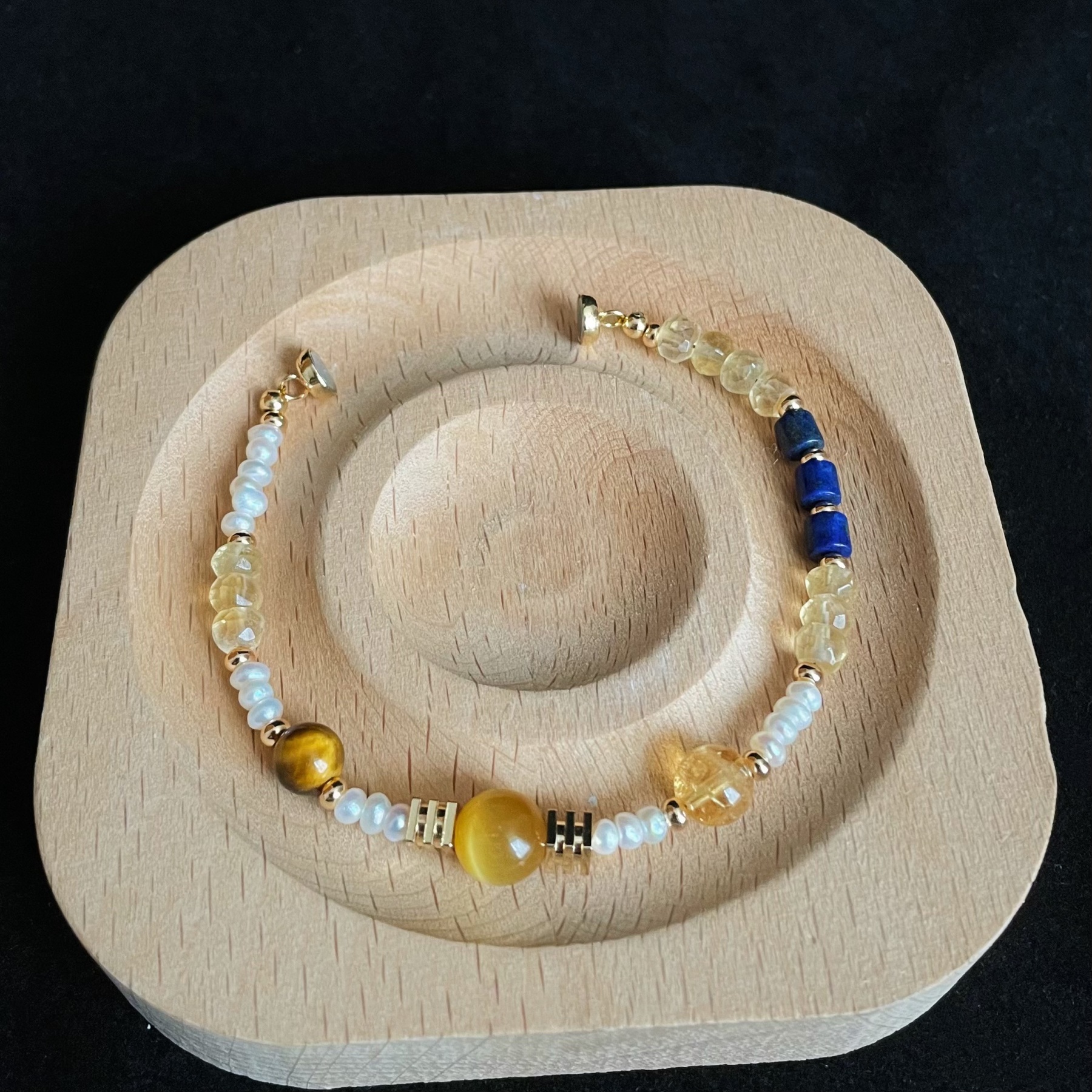 Handmade Planetary Energy Bracelet Made of Citrine, Lapis Lazuli, Tiger’s Eye and Freshwater Pearl