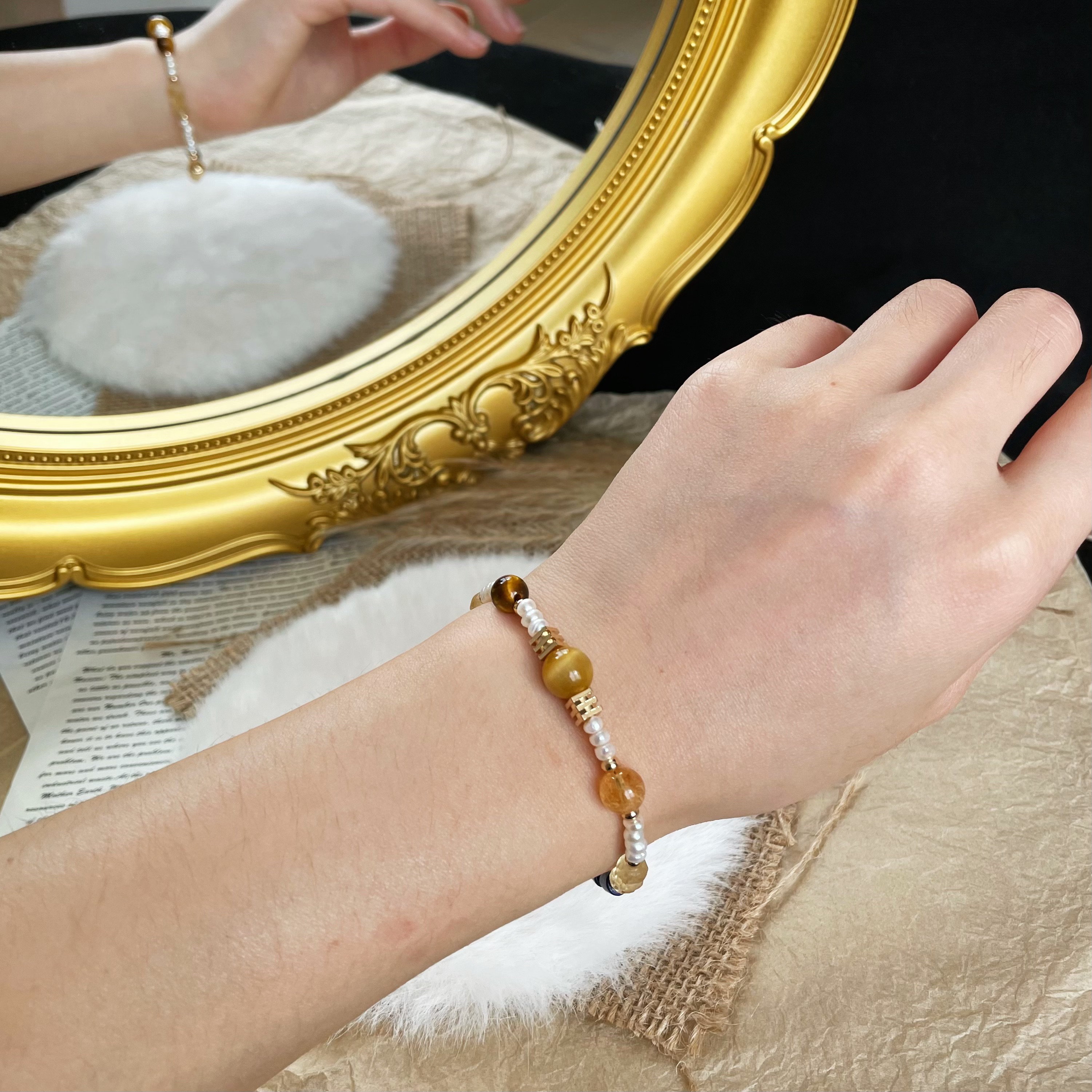 Handmade Planetary Energy Bracelet Made of Citrine, Lapis Lazuli, Tiger’s Eye and Freshwater Pearl