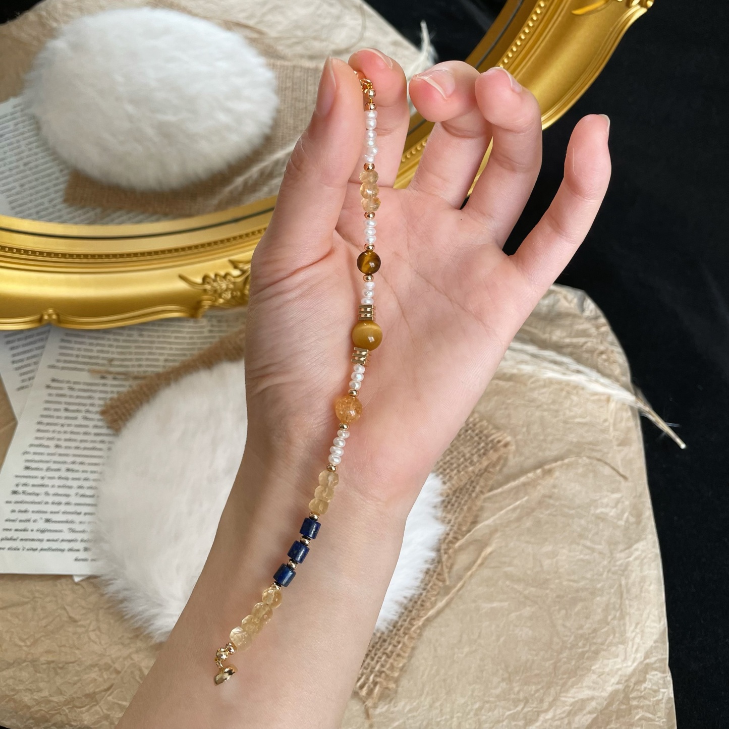 Handmade Planetary Energy Bracelet Made of Citrine, Lapis Lazuli, Tiger’s Eye and Freshwater Pearl