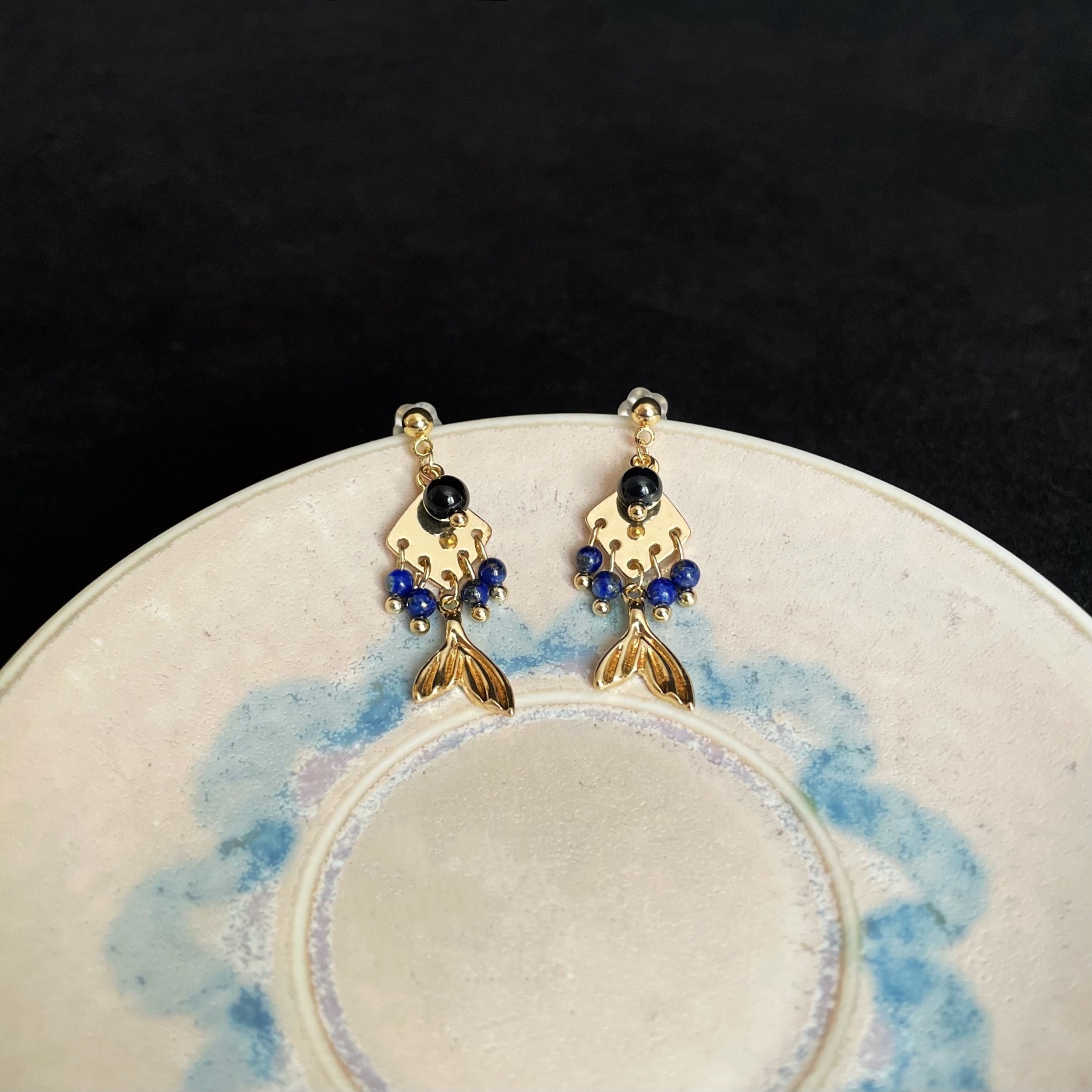 Handmade Lapis Lazuli Dangle with Black Onyx Little Fish Earrings 