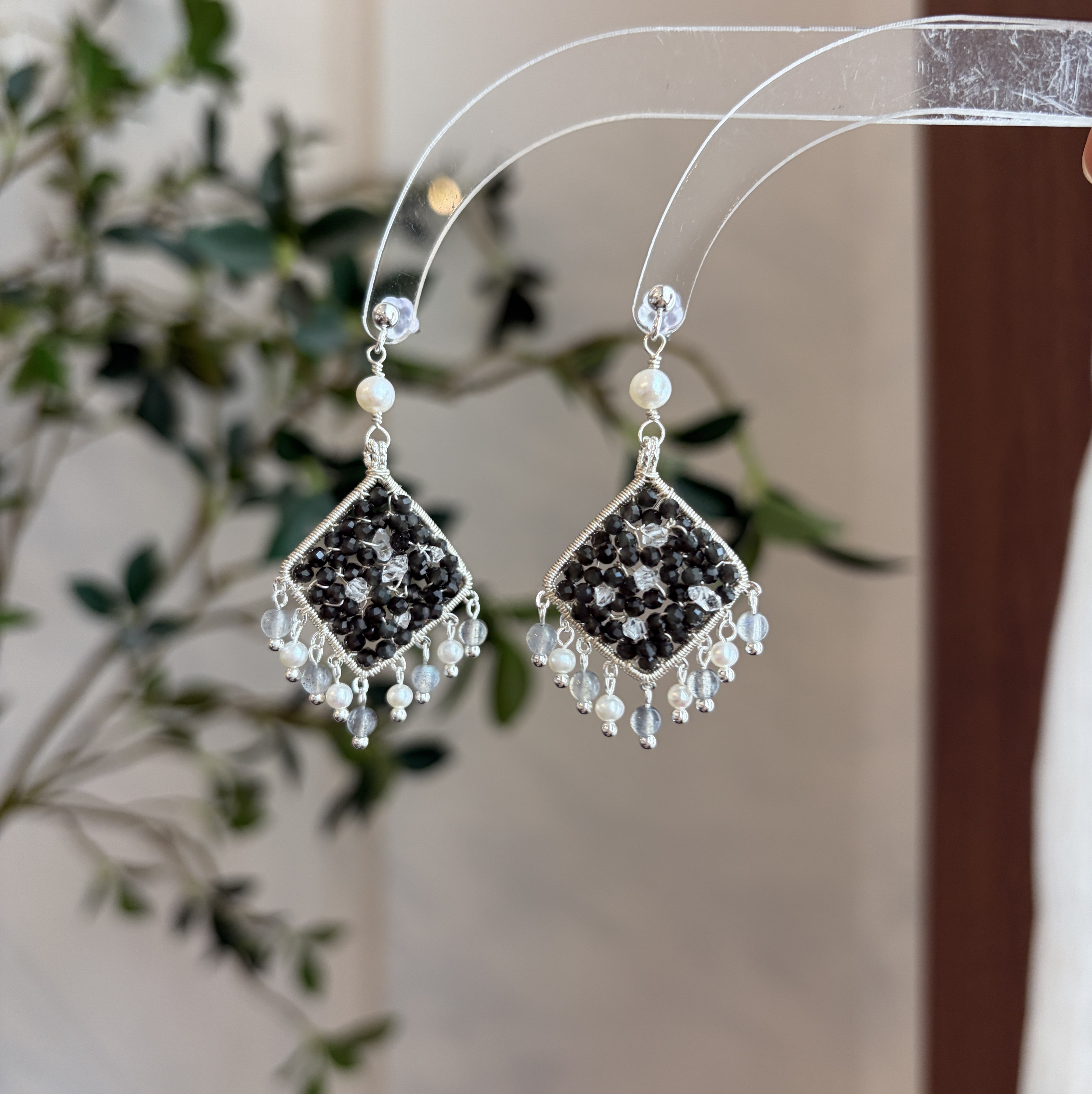 Veil of the Moon Earrings Obsidian, Labradorite & Herkimer Diamond Handmade Earrings 