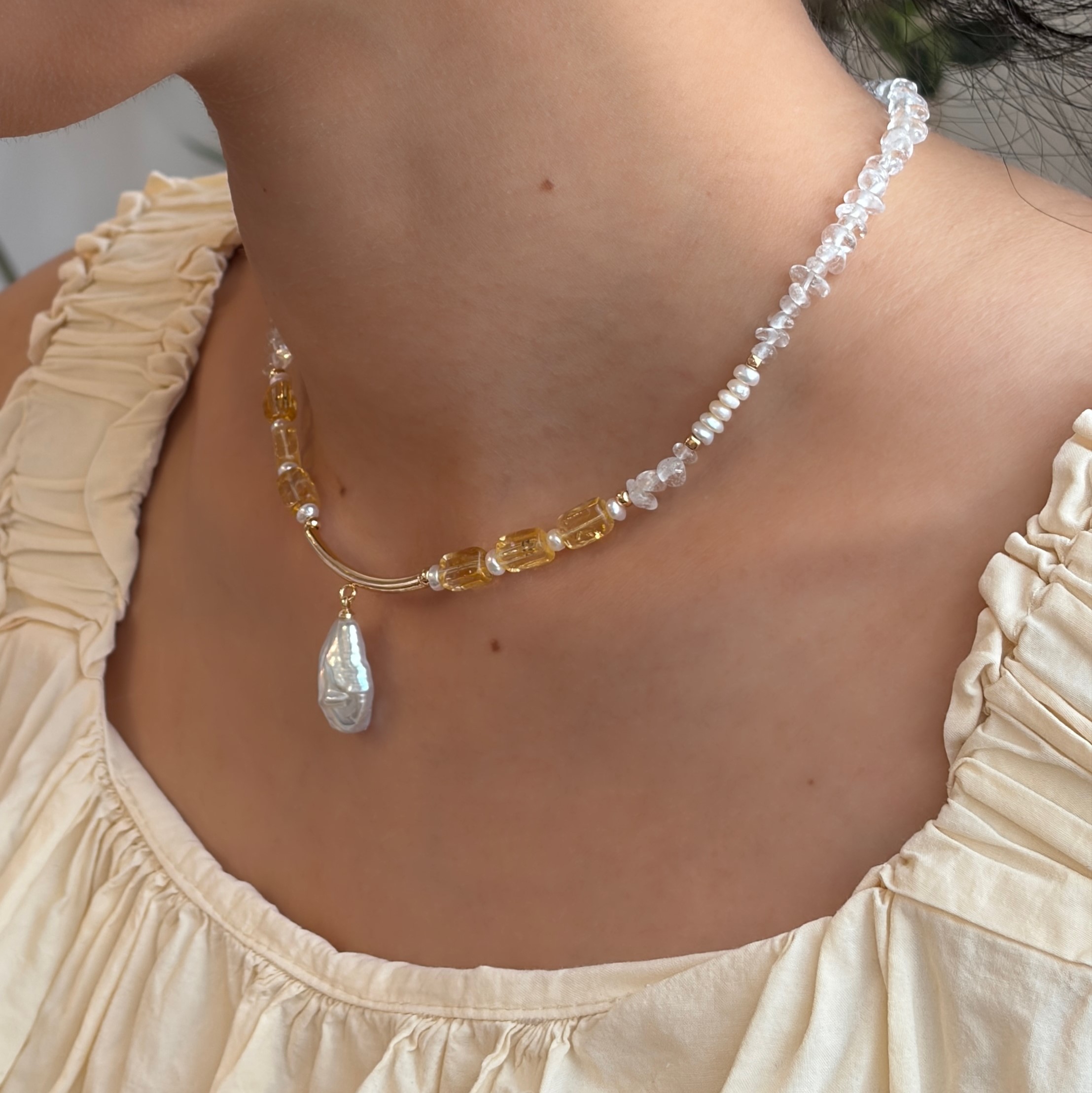 One of a Kind Endless Summer Bloom Necklace Handmade Clear Quartz Citrine and Pearls Necklace 