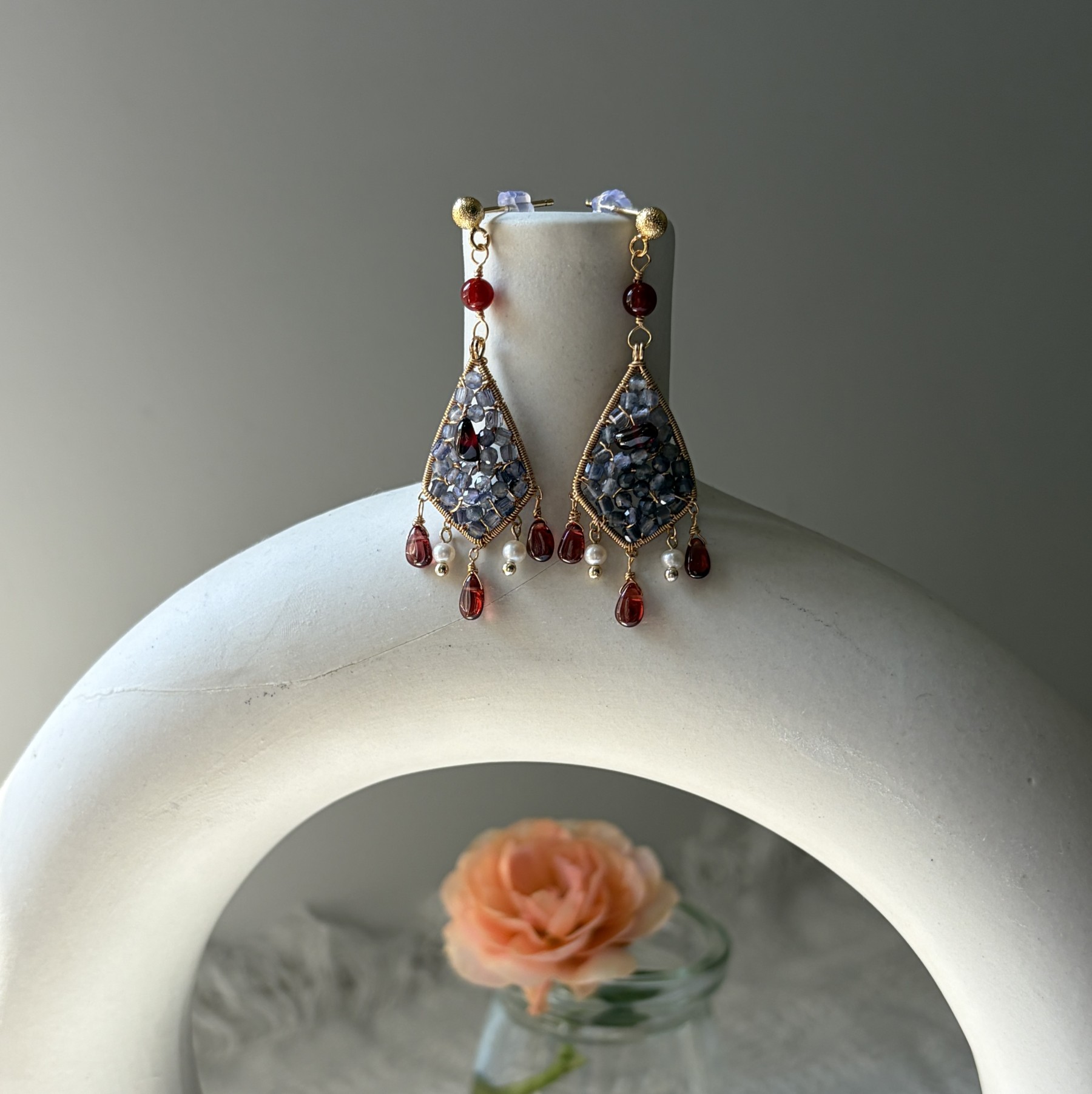 Vesper Ember Wire-Wrapped Iolite & Garnet Earrings Statement Earrings