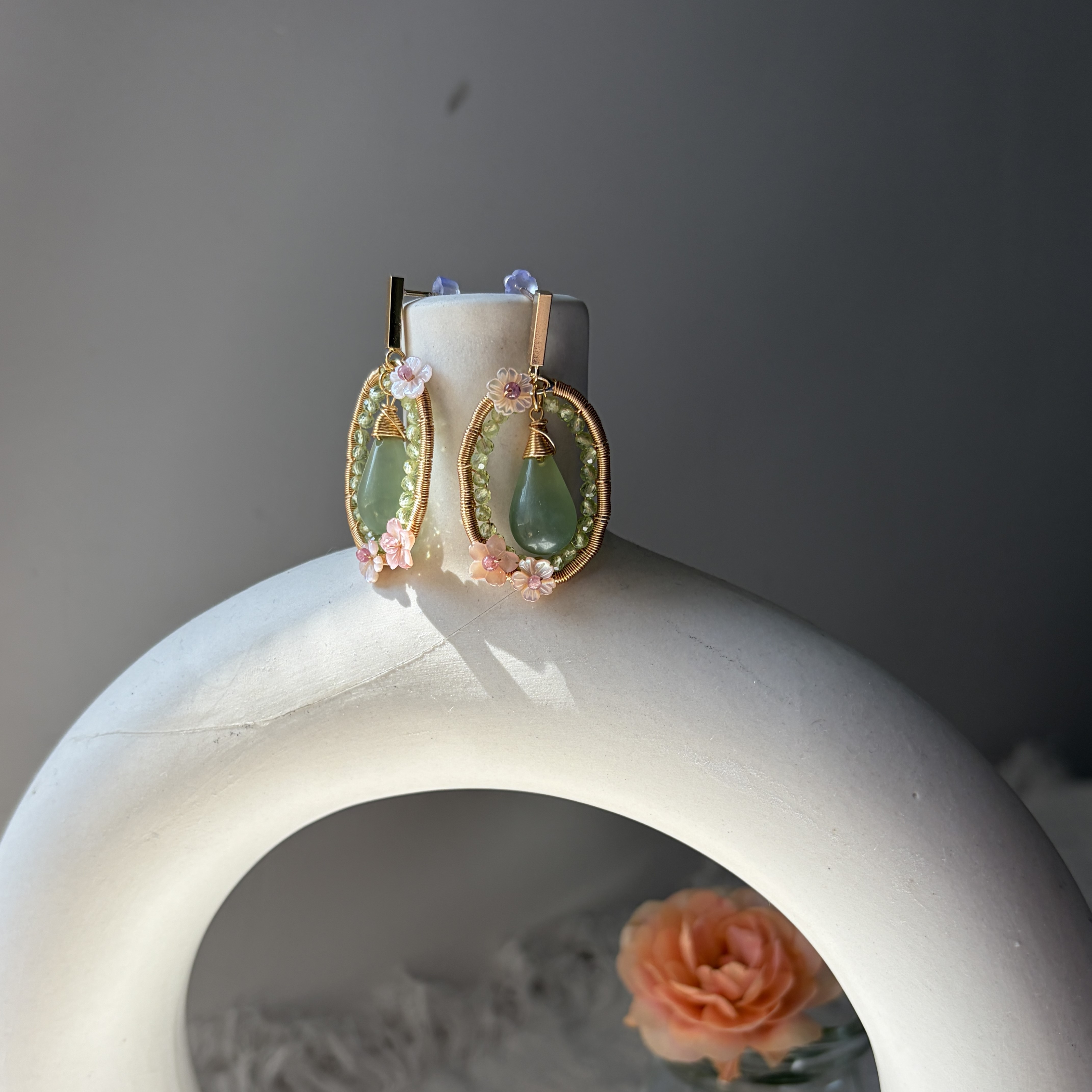 Green Dew Blossom Earrings | Handmade Serpentine, Peridot & Pink Shell Flower Earrings