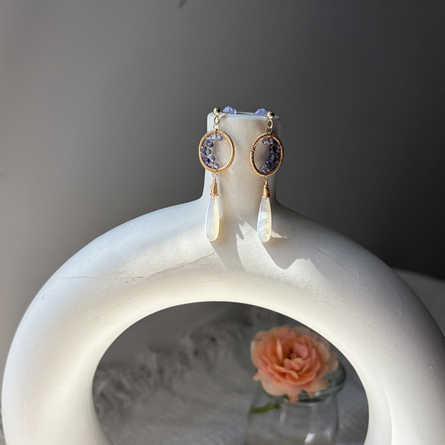 Moonlit Ascent Earrings | Handmade Iolite Crescent Moon & Mother of Pearl Drop Earrings 