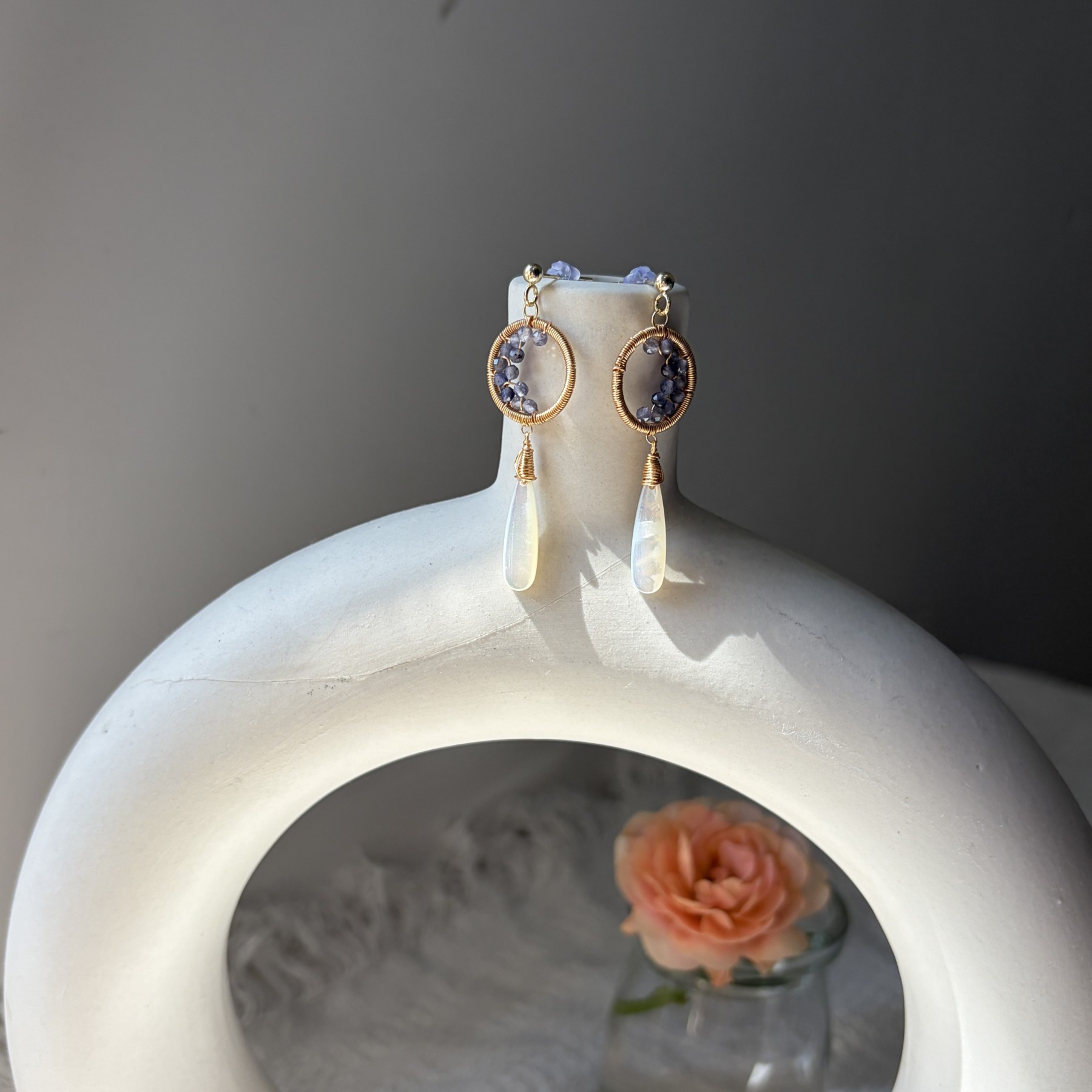 Moonlit Ascent Earrings | Handmade Iolite Crescent Moon & Mother of Pearl Drop Earrings 