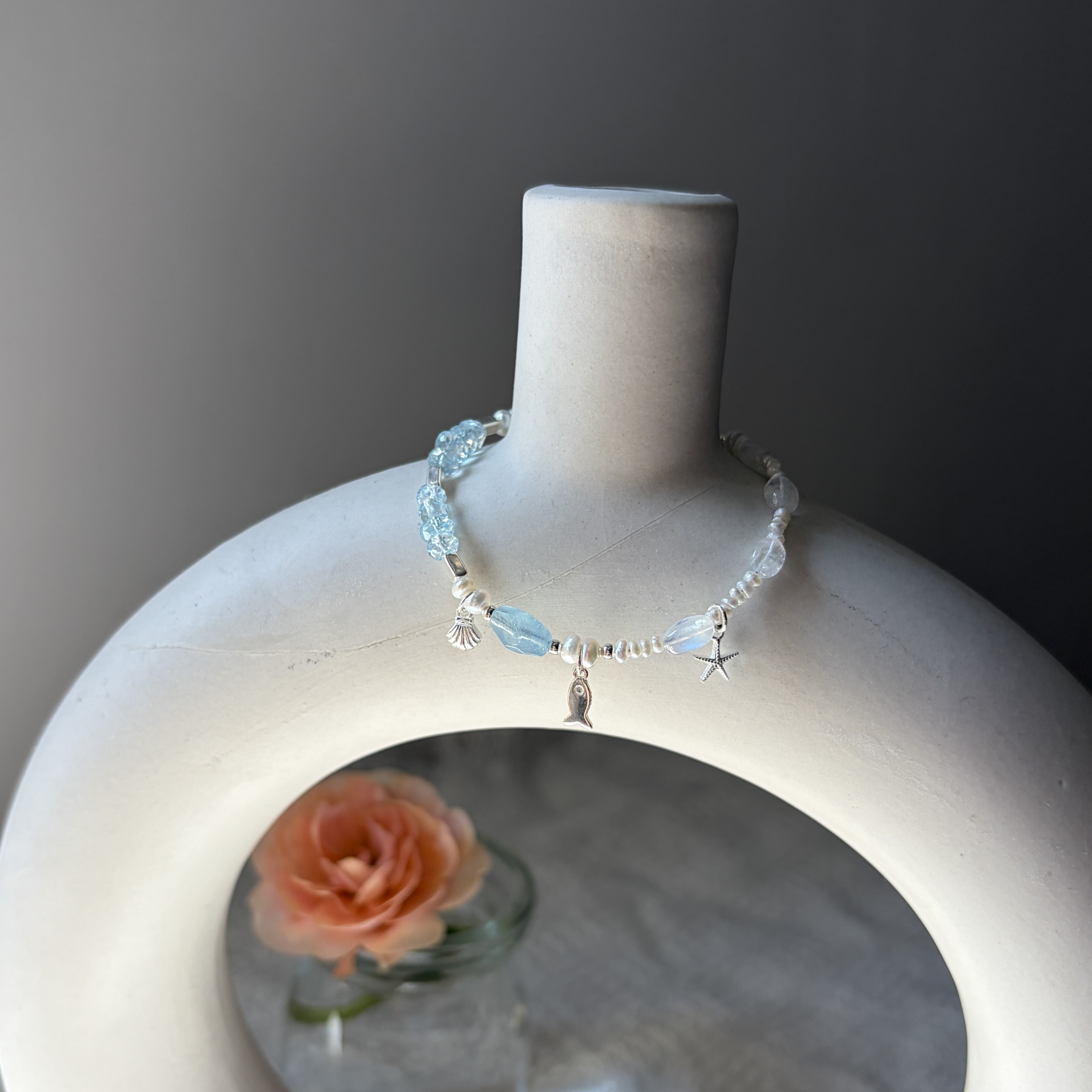 Moonlit Whisper Bracelet Aquamarine, Madagascar Moonstone & Freshwater Pearl Handmade Bracelet