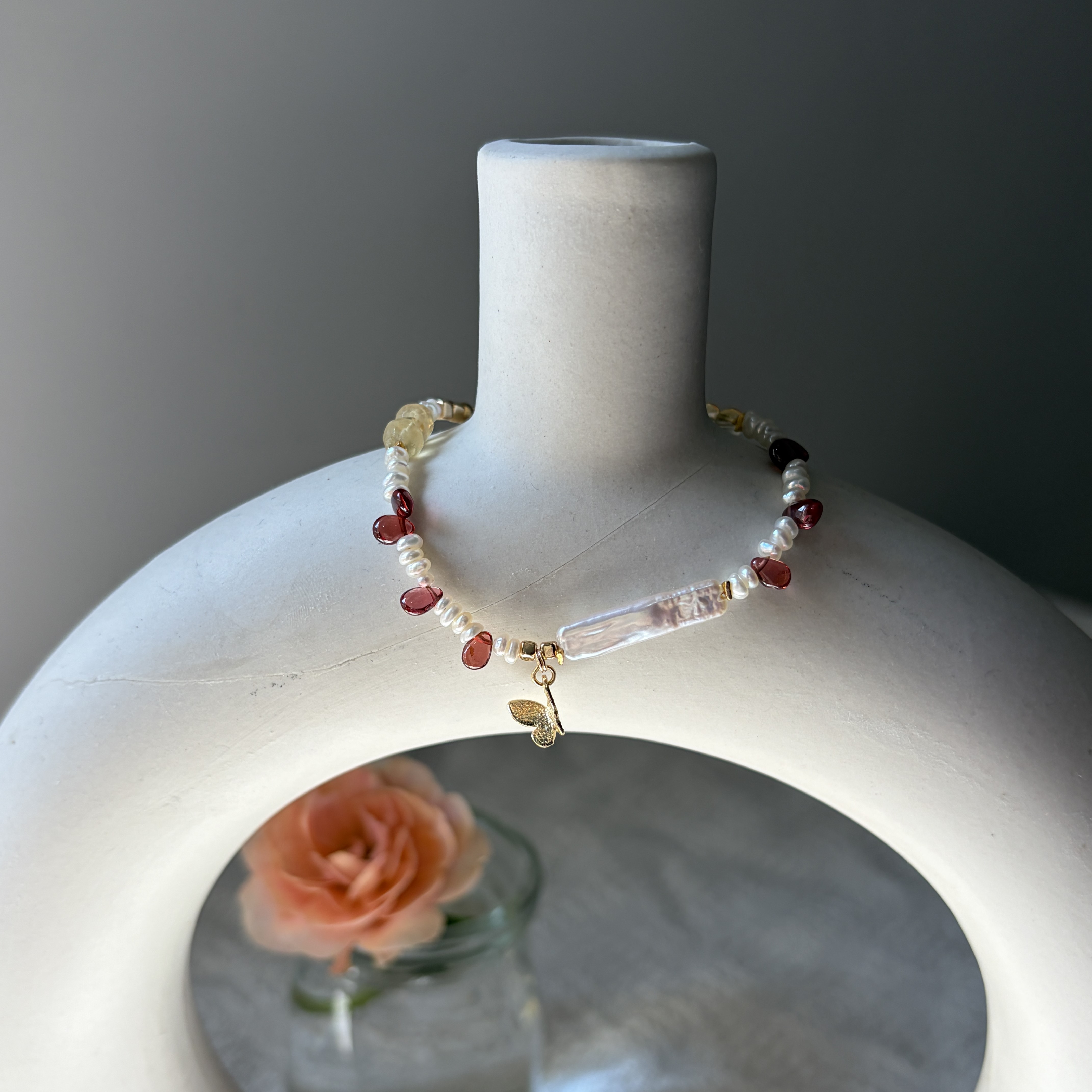 Where Butterflies Follow the Light Bracelet Garnet Citrine and Pearl Bracelet