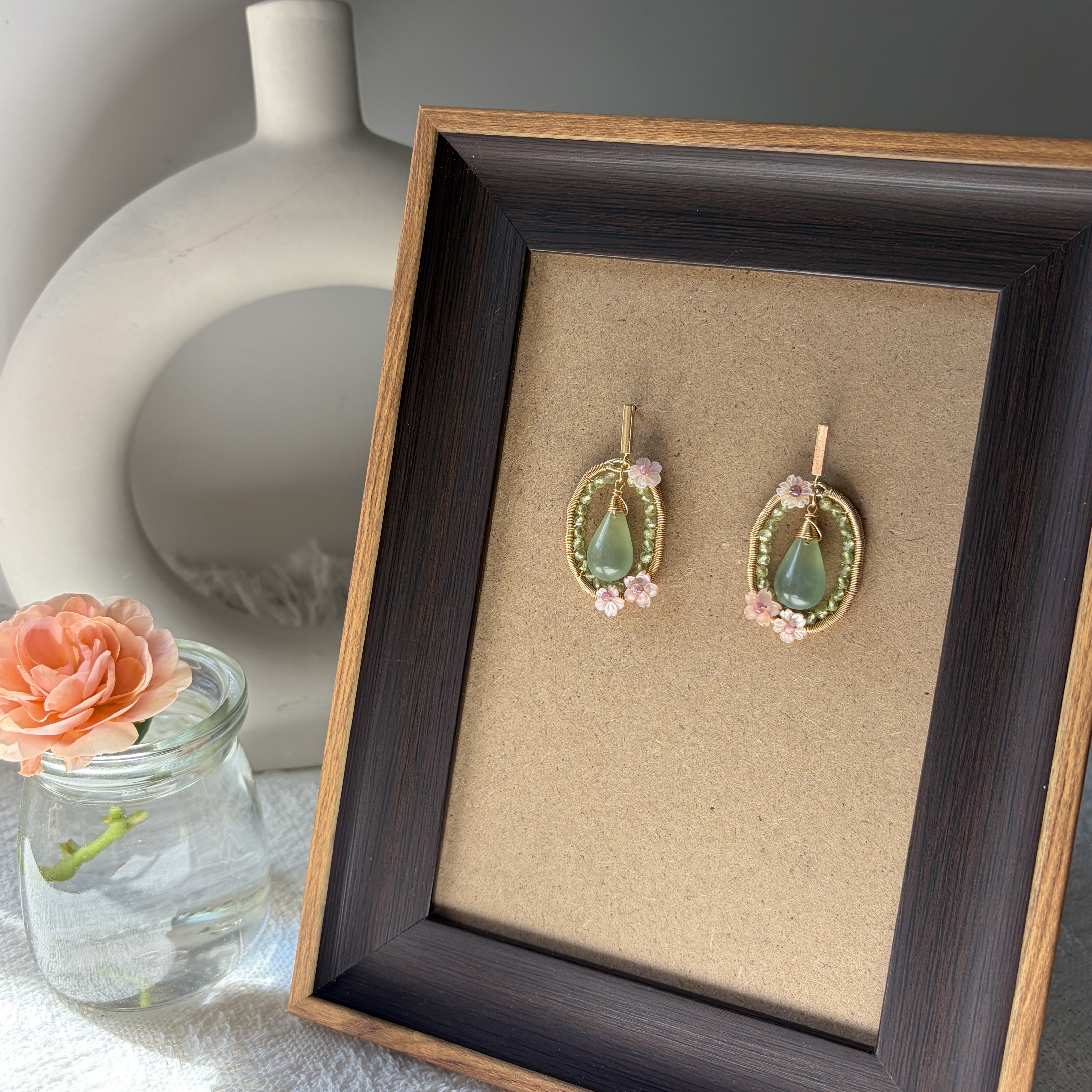 Green Dew Blossom Earrings | Handmade Serpentine, Peridot & Pink Shell Flower Earrings