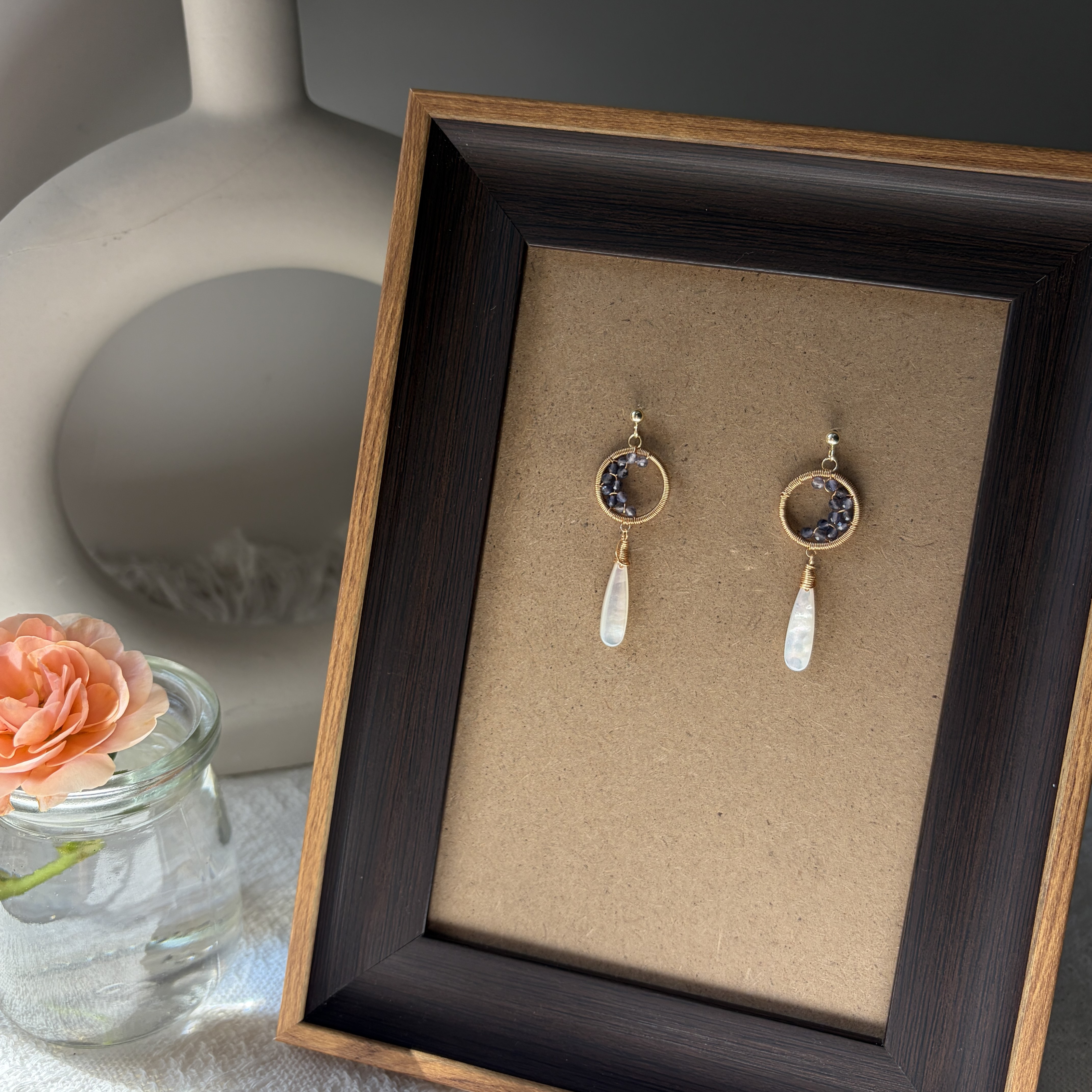 Moonlit Ascent Earrings | Handmade Iolite Crescent Moon & Mother of Pearl Drop Earrings 
