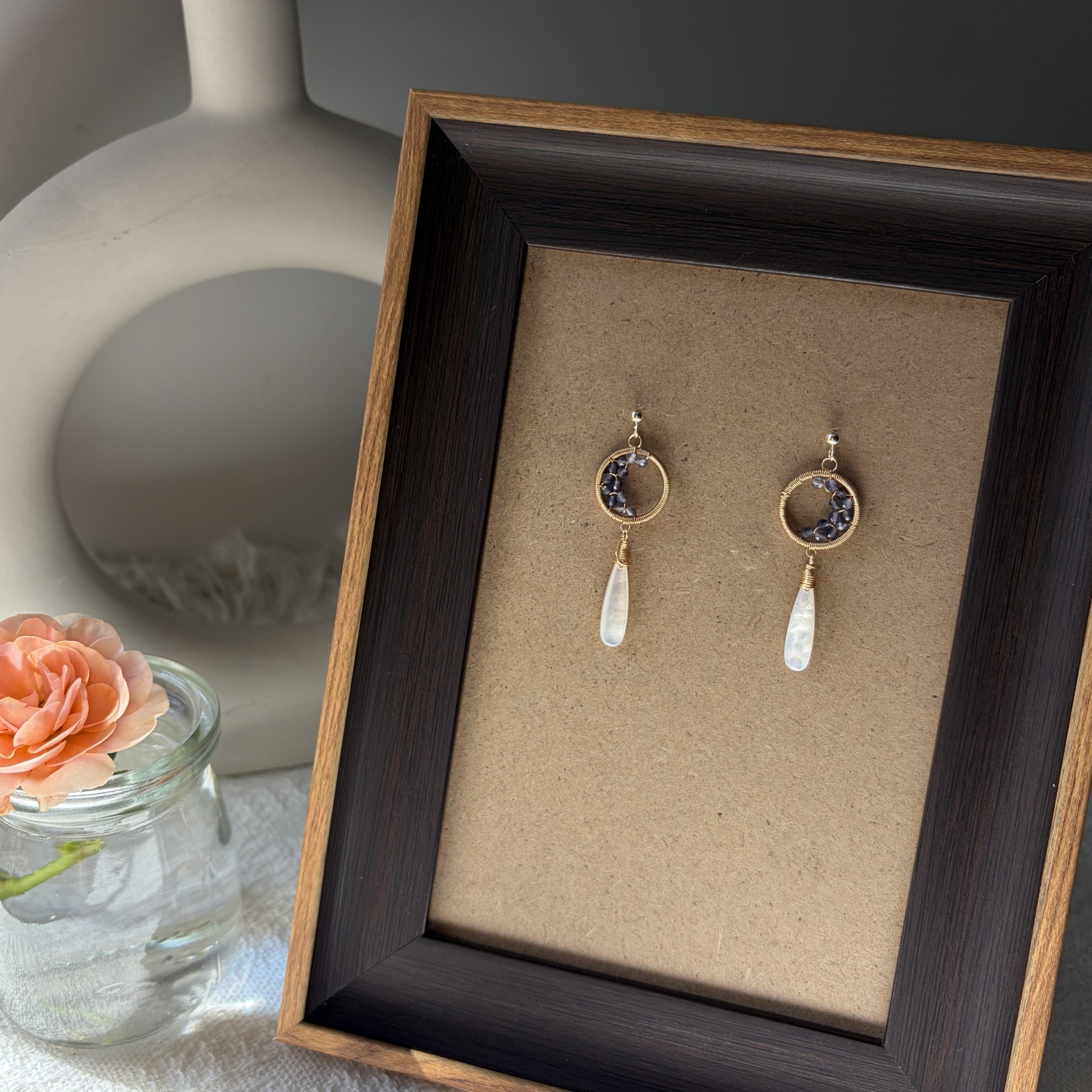 Moonlit Ascent Earrings | Handmade Iolite Crescent Moon & Mother of Pearl Drop Earrings 