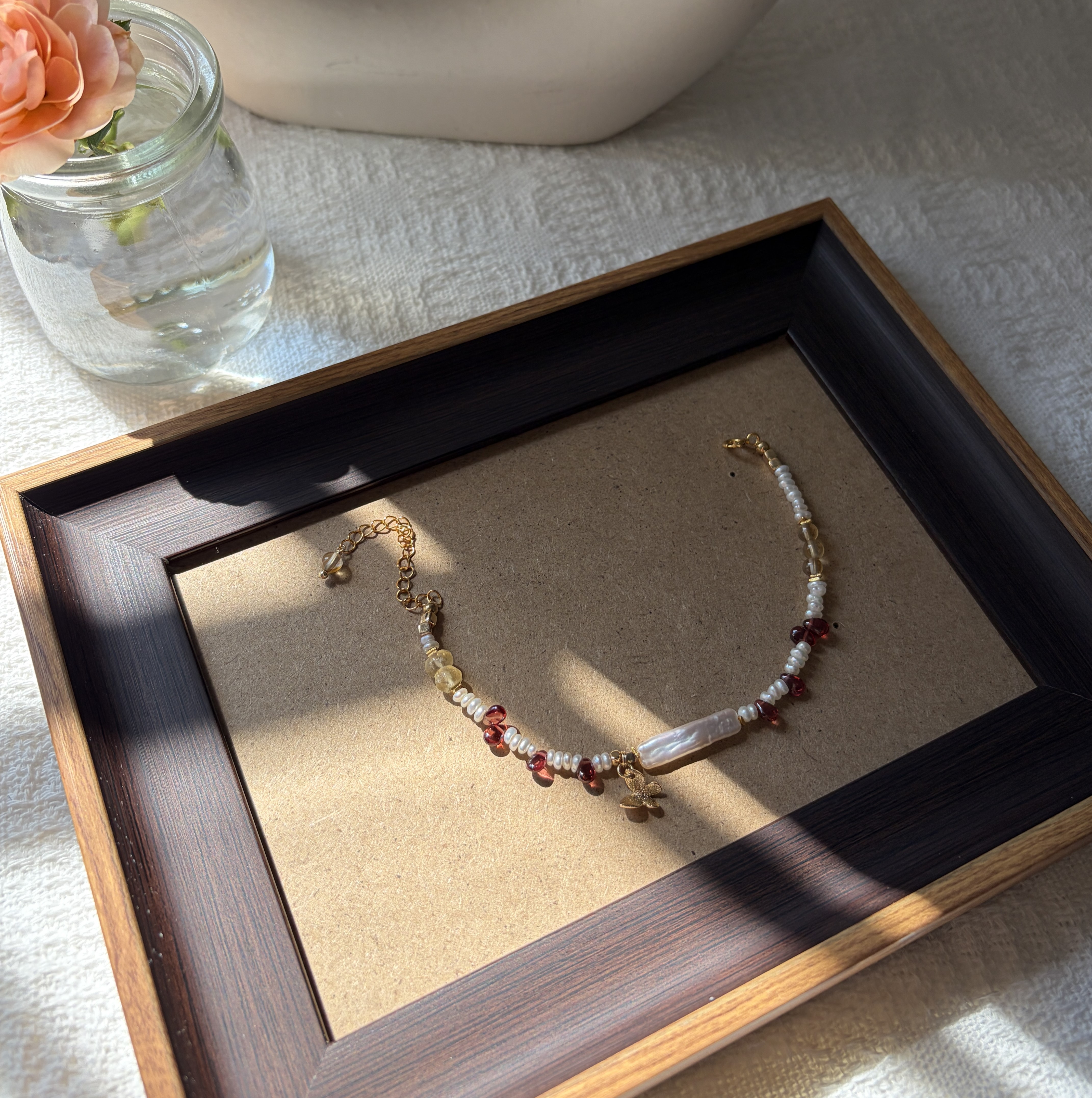 Where Butterflies Follow the Light Bracelet Garnet Citrine and Pearl Bracelet