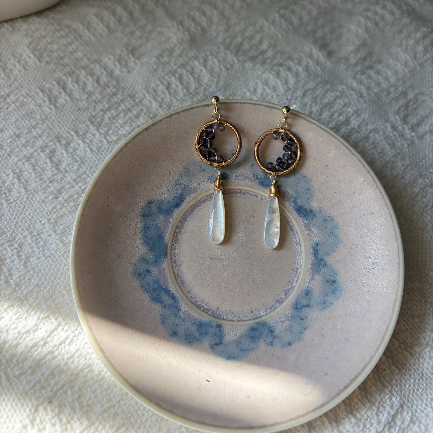 Moonlit Ascent Earrings | Handmade Iolite Crescent Moon & Mother of Pearl Drop Earrings 