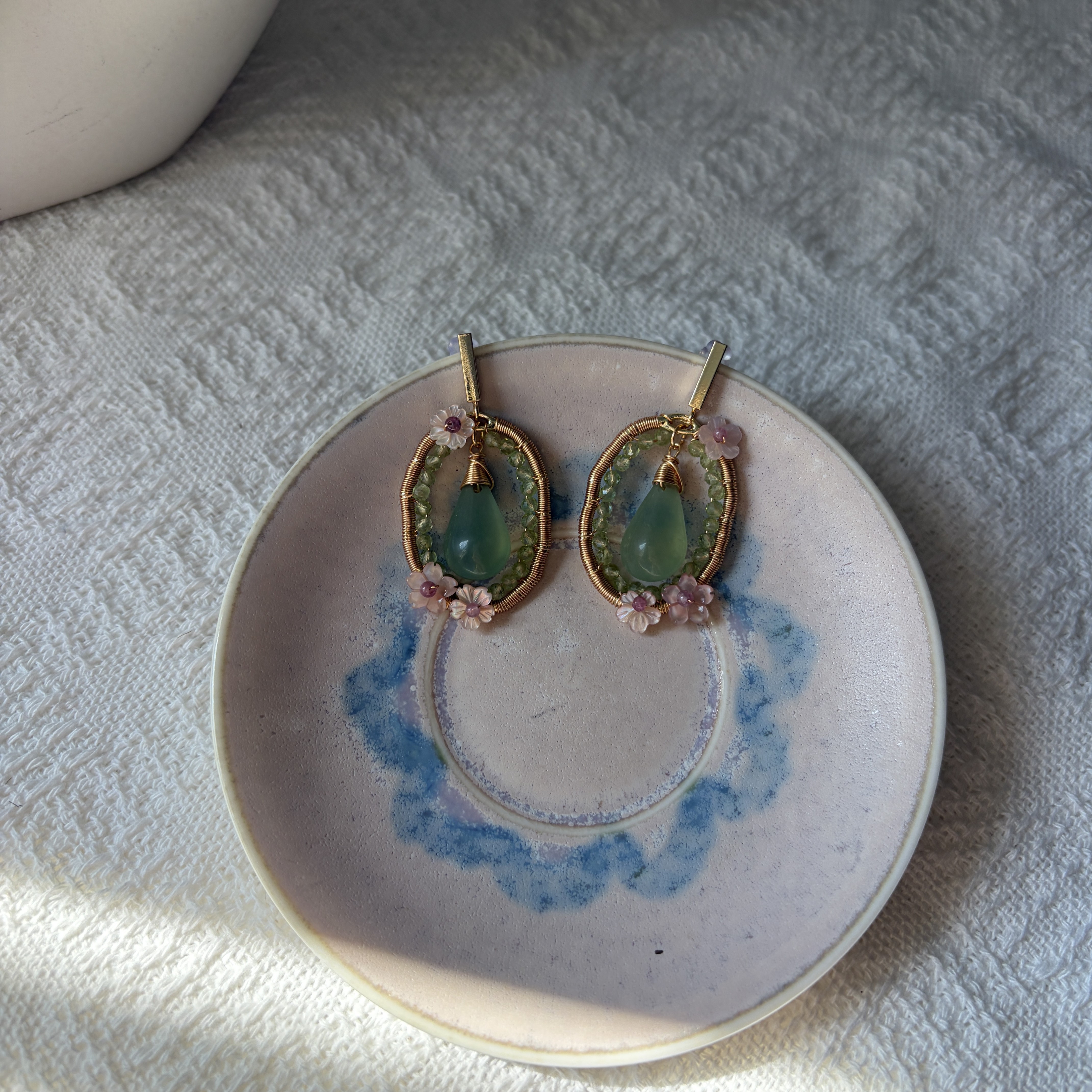Green Dew Blossom Earrings | Handmade Serpentine, Peridot & Pink Shell Flower Earrings