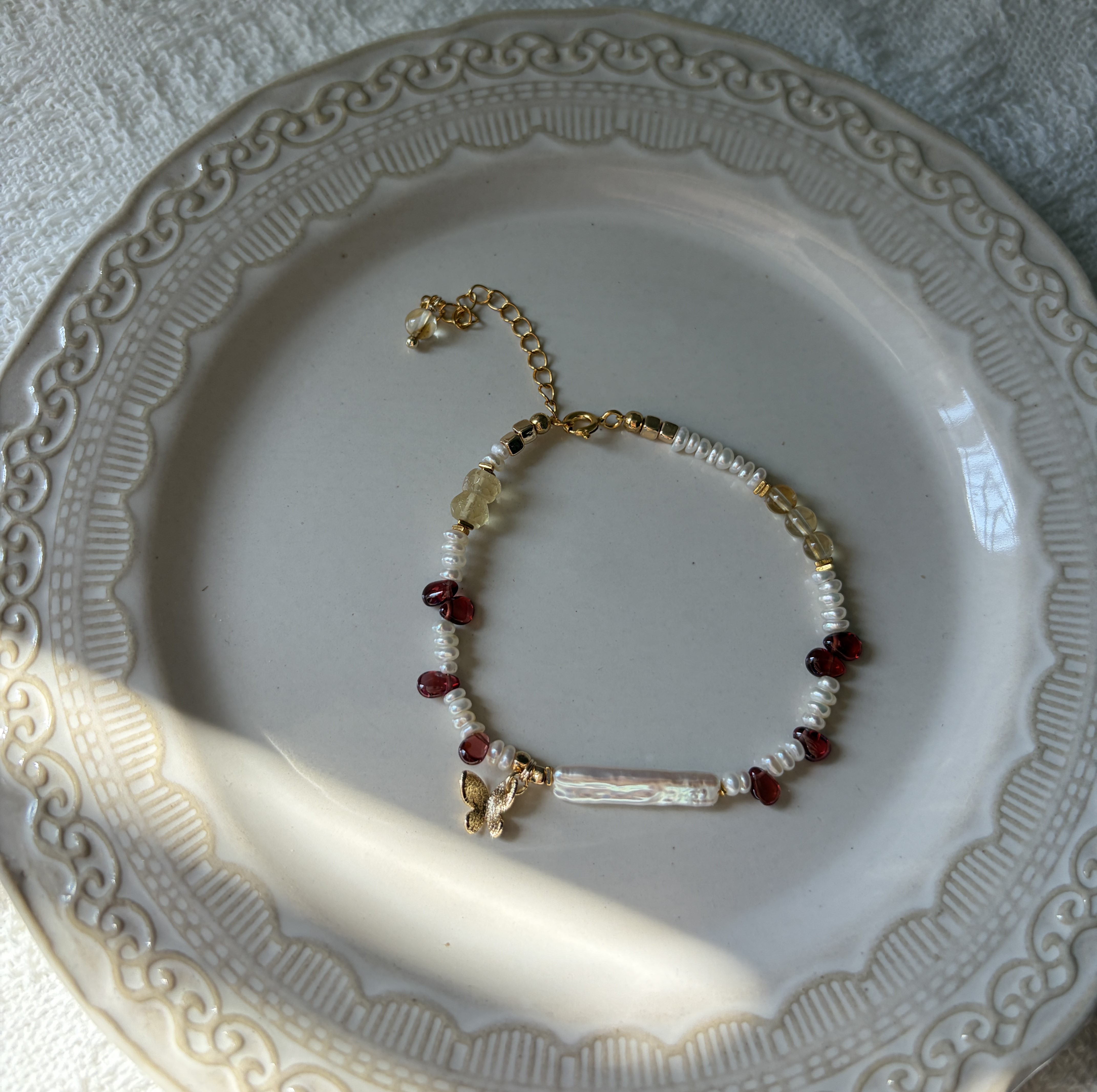 Where Butterflies Follow the Light Bracelet Garnet Citrine and Pearl Bracelet