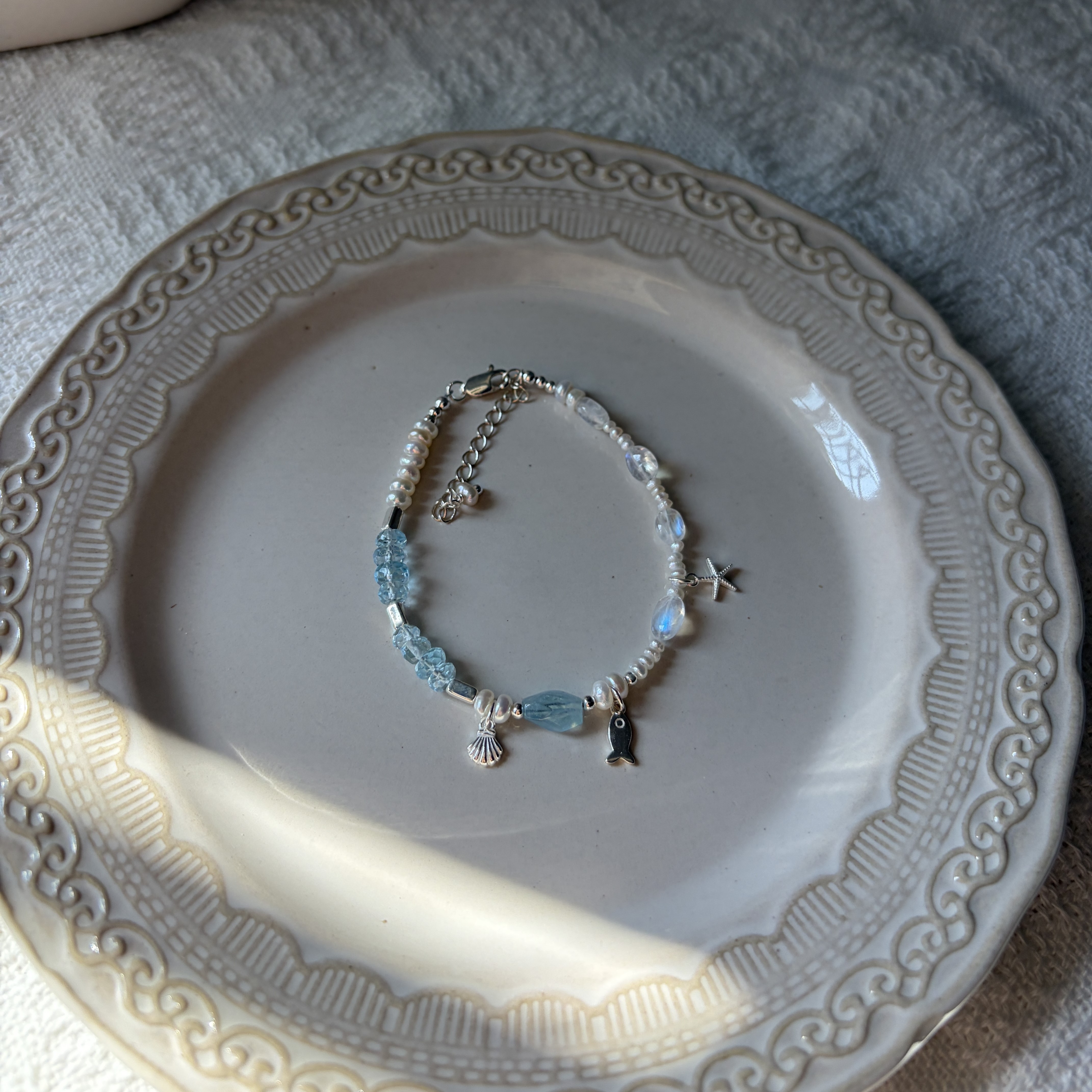 Moonlit Whisper Bracelet Aquamarine, Madagascar Moonstone & Freshwater Pearl Handmade Bracelet