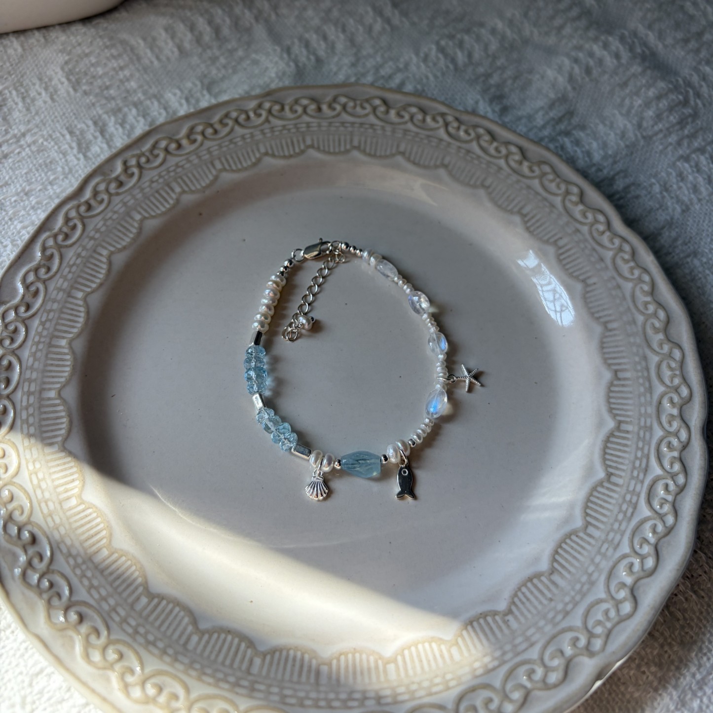 Moonlit Whisper Bracelet Aquamarine, Madagascar Moonstone & Freshwater Pearl Handmade Bracelet