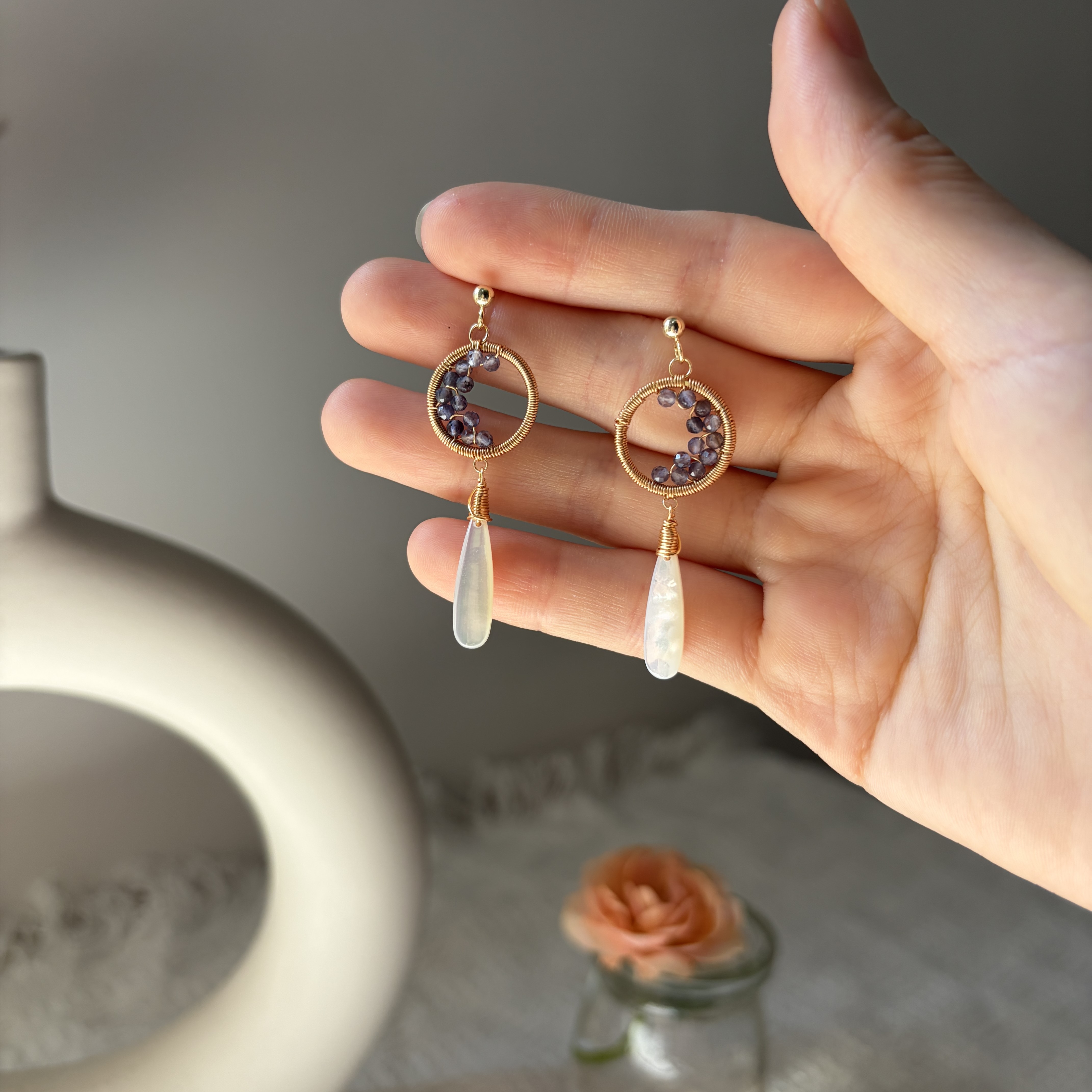 Moonlit Ascent Earrings | Handmade Iolite Crescent Moon & Mother of Pearl Drop Earrings 
