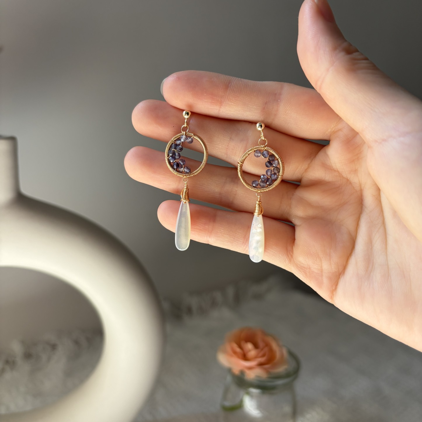 Moonlit Ascent Earrings | Handmade Iolite Crescent Moon & Mother of Pearl Drop Earrings 