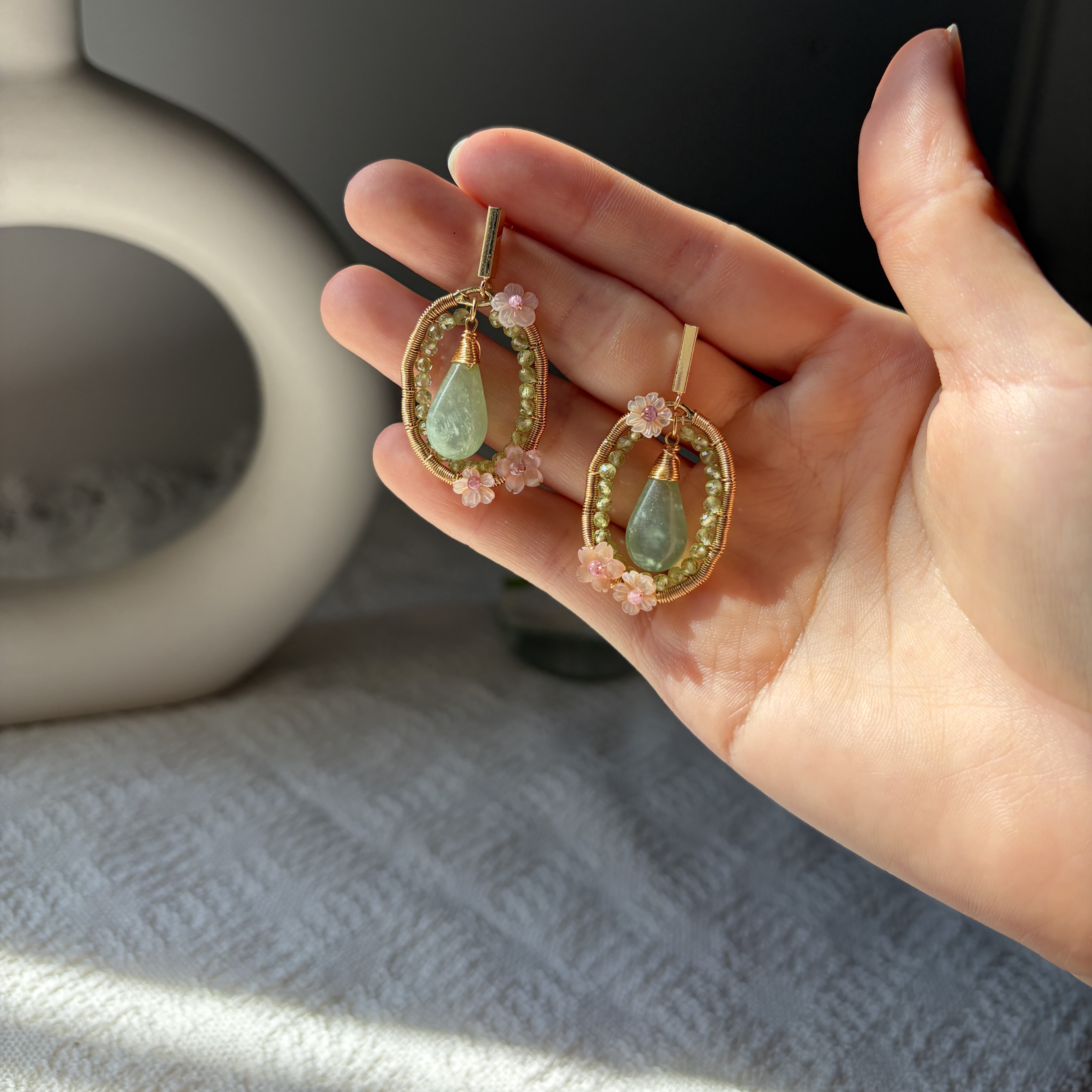 Green Dew Blossom Earrings | Handmade Serpentine, Peridot & Pink Shell Flower Earrings