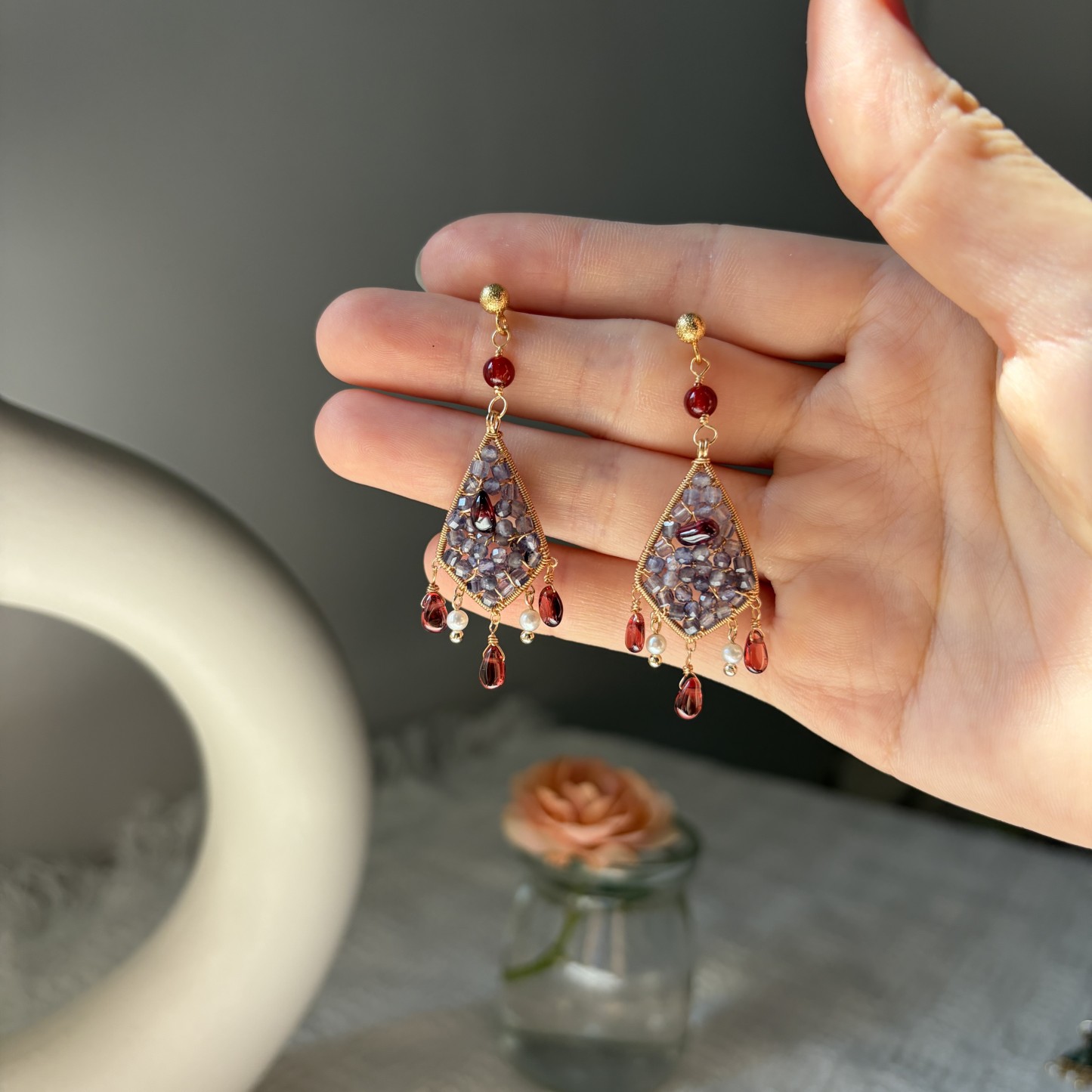 Vesper Ember Wire-Wrapped Iolite & Garnet Earrings Statement Earrings