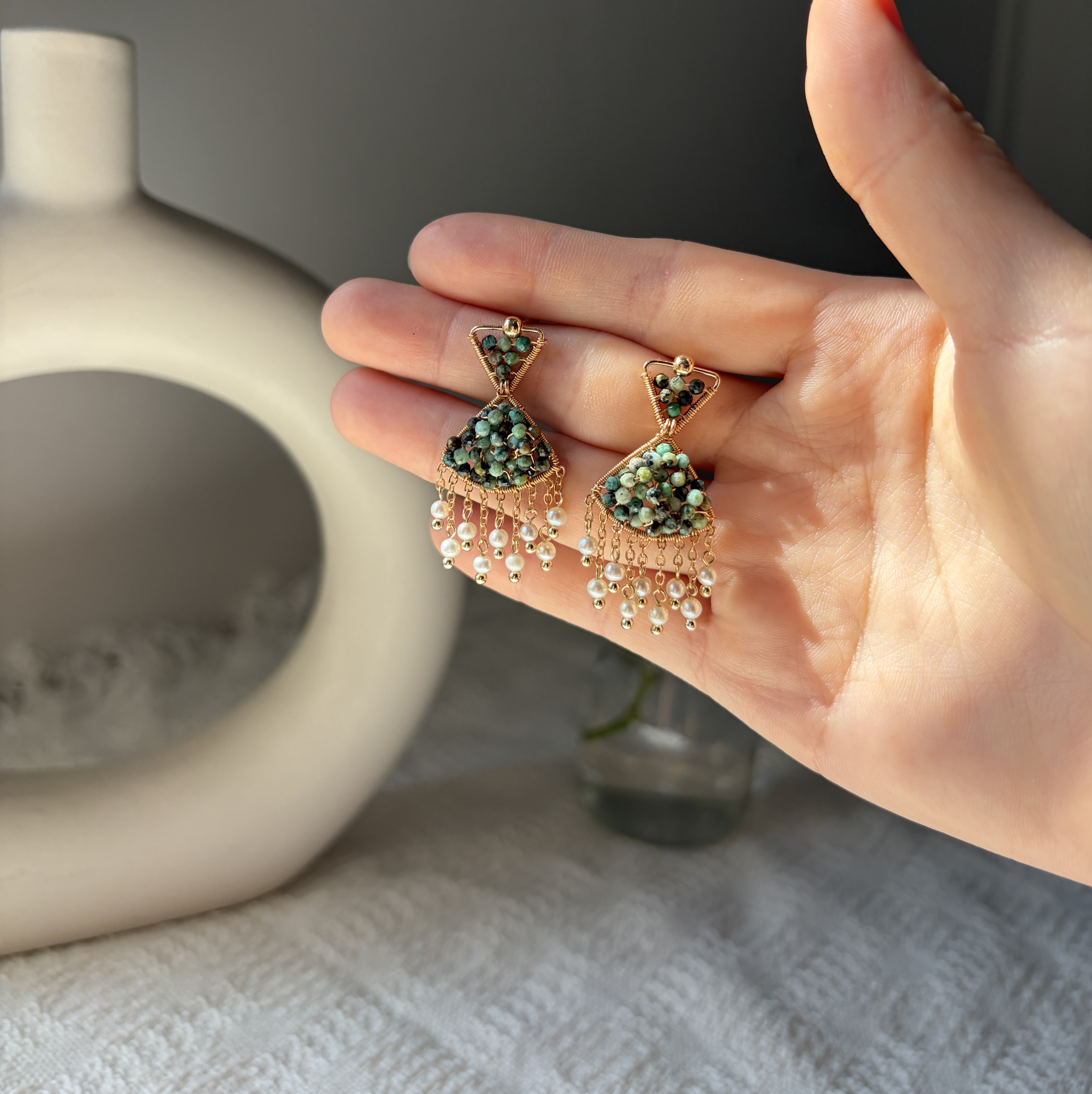 Handmade Green Breeze Pearl Tassel Earrings Handwoven Indian Agate & Freshwater Pearl Statement Earrings