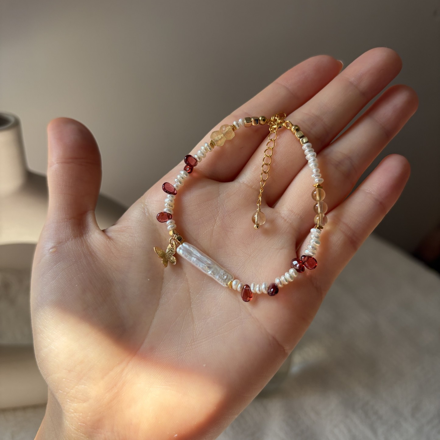 Where Butterflies Follow the Light Bracelet Garnet Citrine and Pearl Bracelet