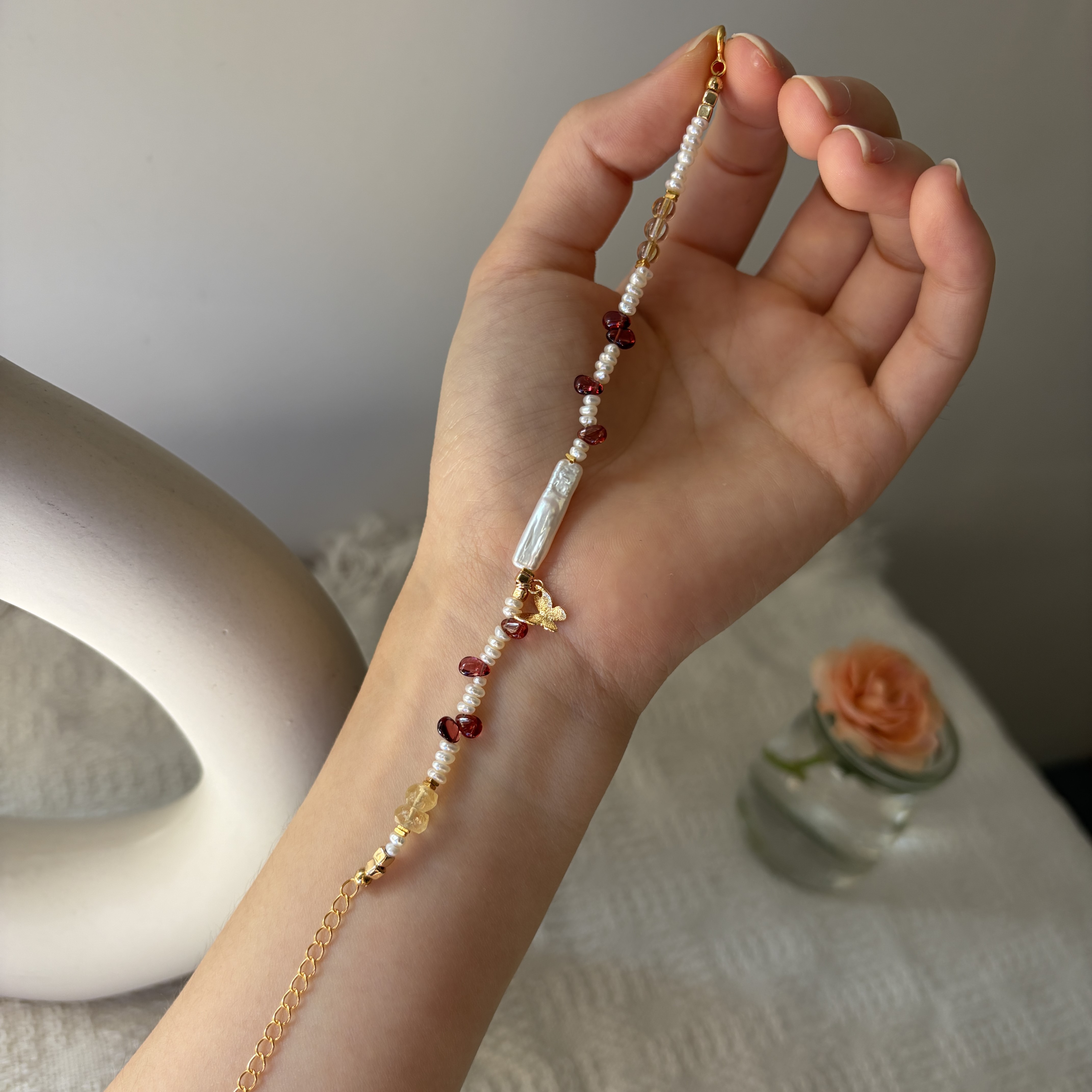 Where Butterflies Follow the Light Bracelet Garnet Citrine and Pearl Bracelet