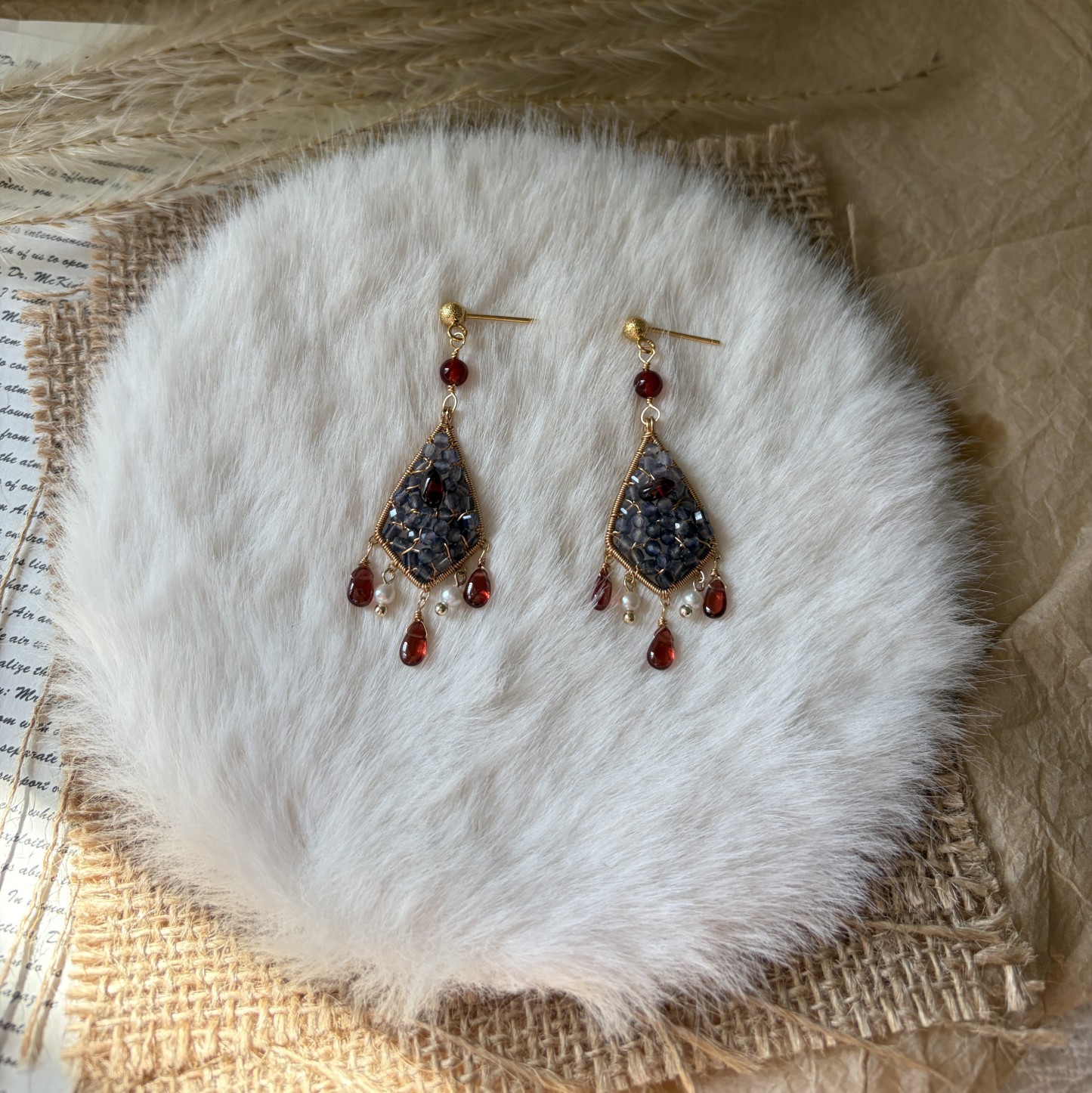 Vesper Ember Wire-Wrapped Iolite & Garnet Earrings Statement Earrings