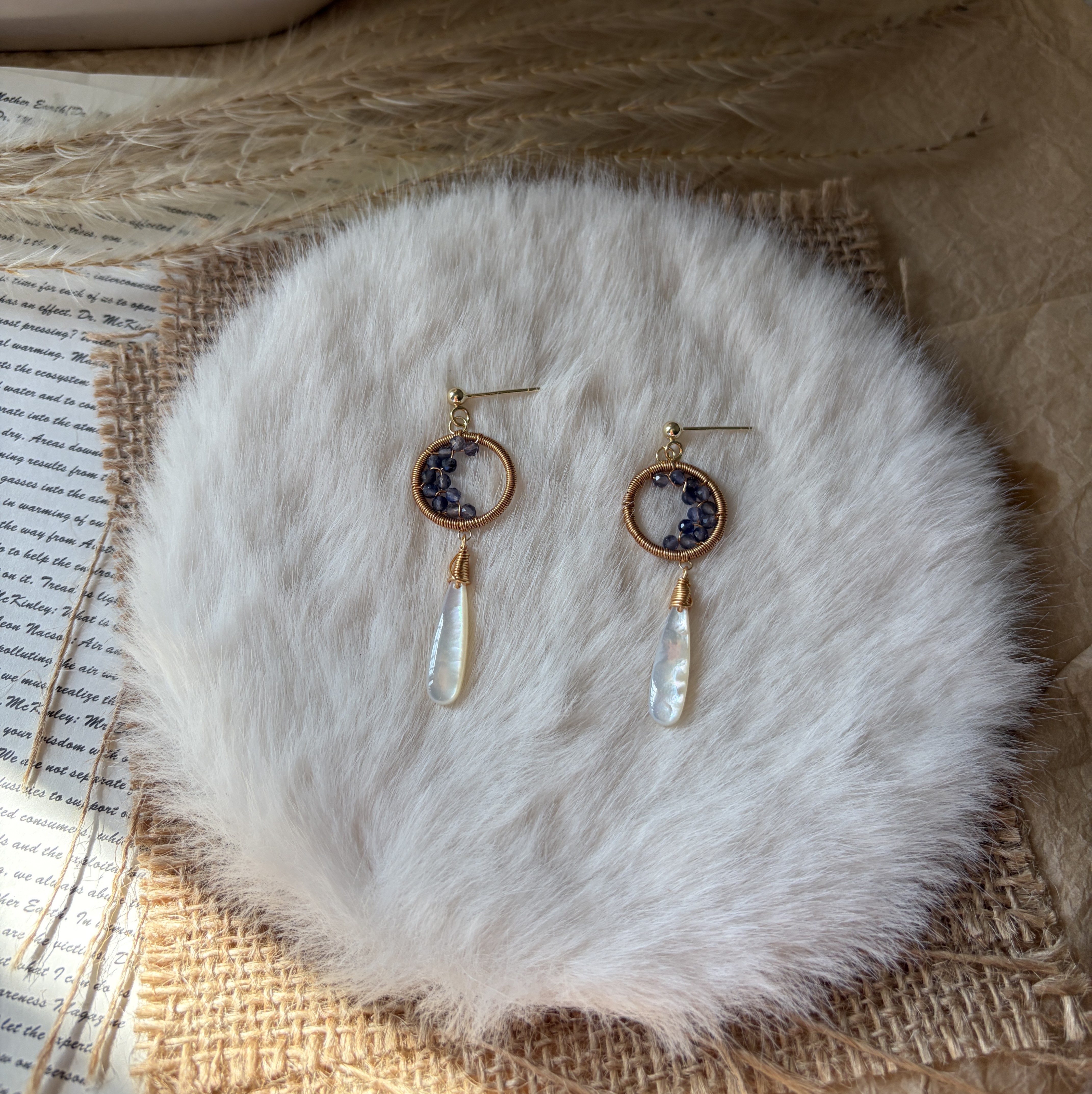Moonlit Ascent Earrings | Handmade Iolite Crescent Moon & Mother of Pearl Drop Earrings 