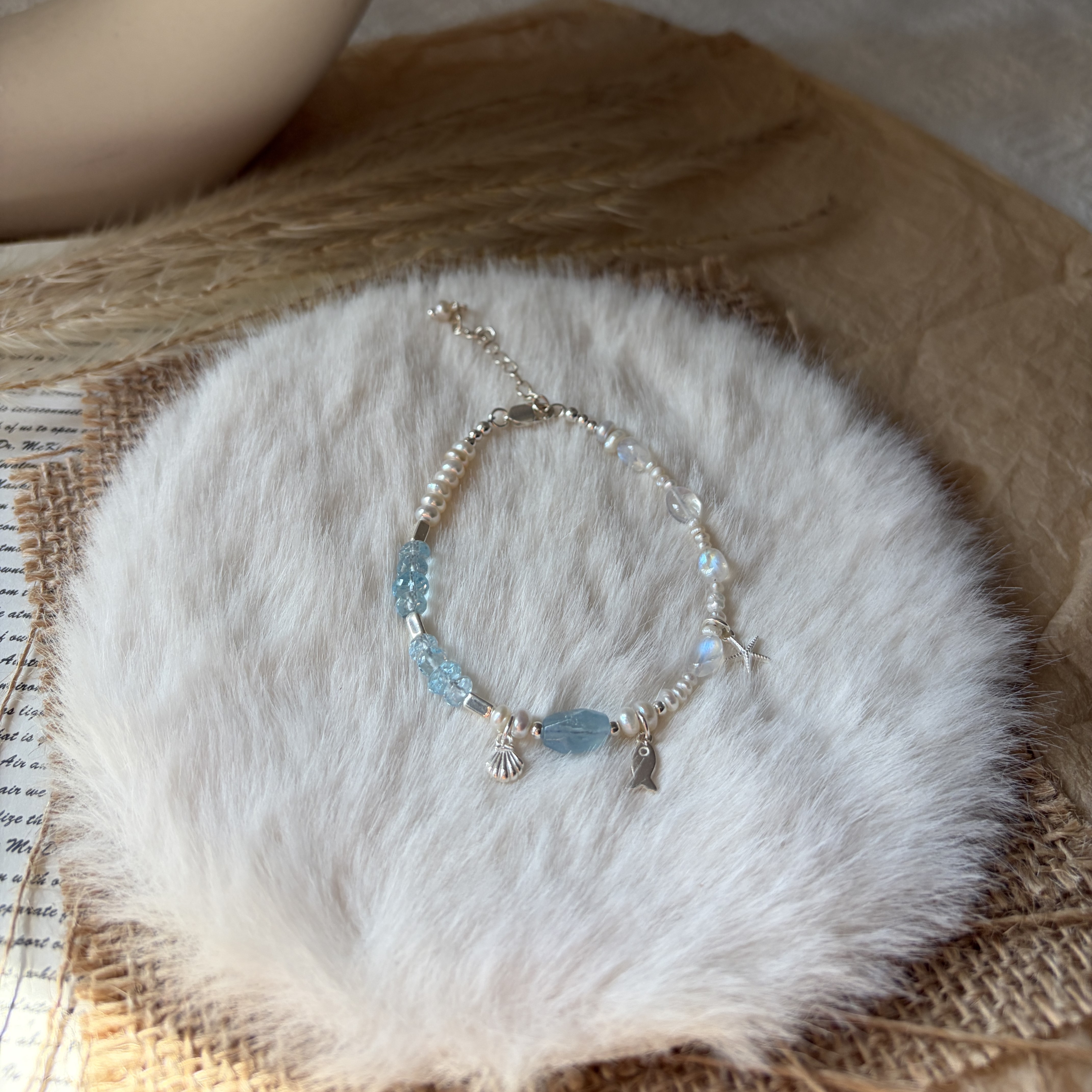 Moonlit Whisper Bracelet Aquamarine, Madagascar Moonstone & Freshwater Pearl Handmade Bracelet