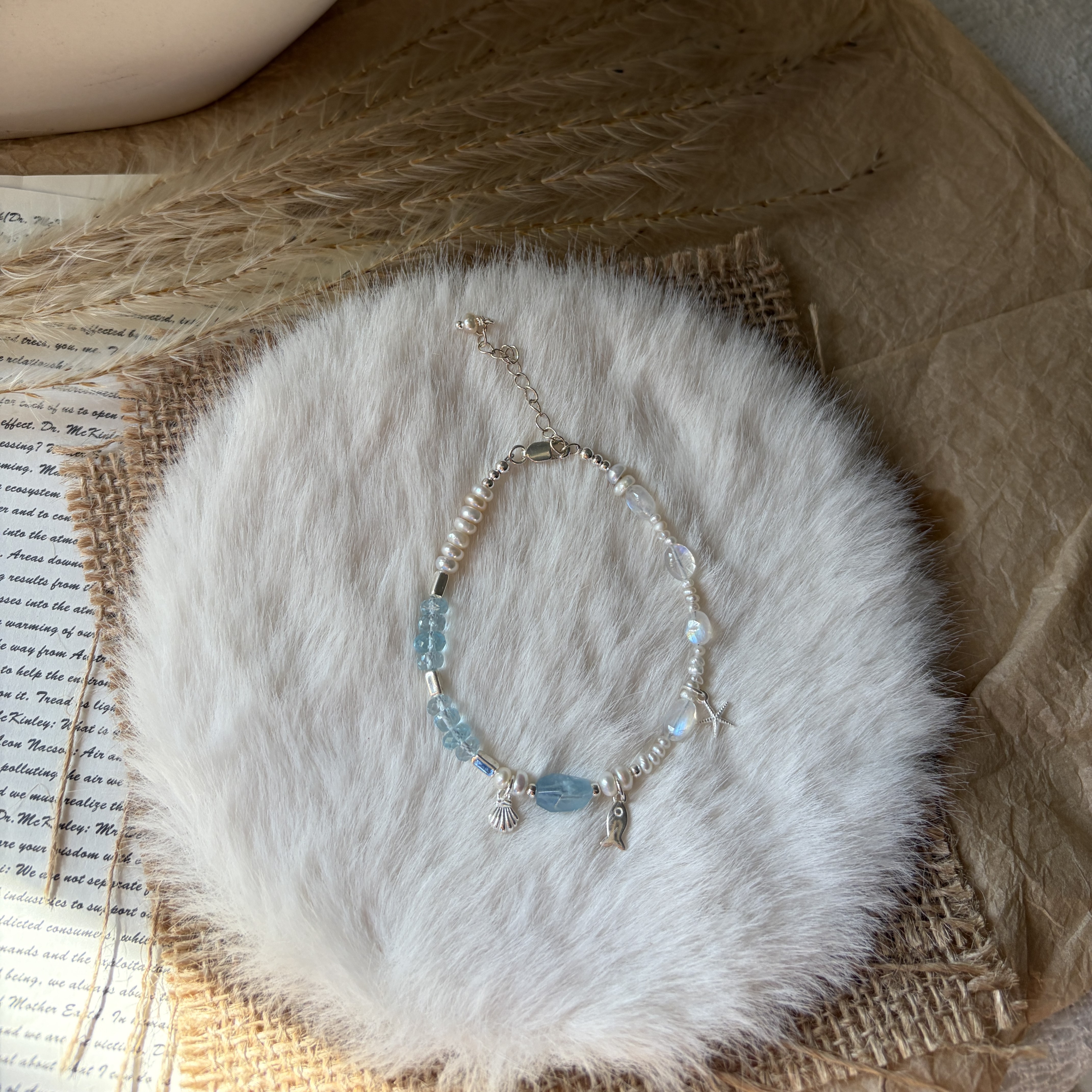 Moonlit Whisper Bracelet Aquamarine, Madagascar Moonstone & Freshwater Pearl Handmade Bracelet